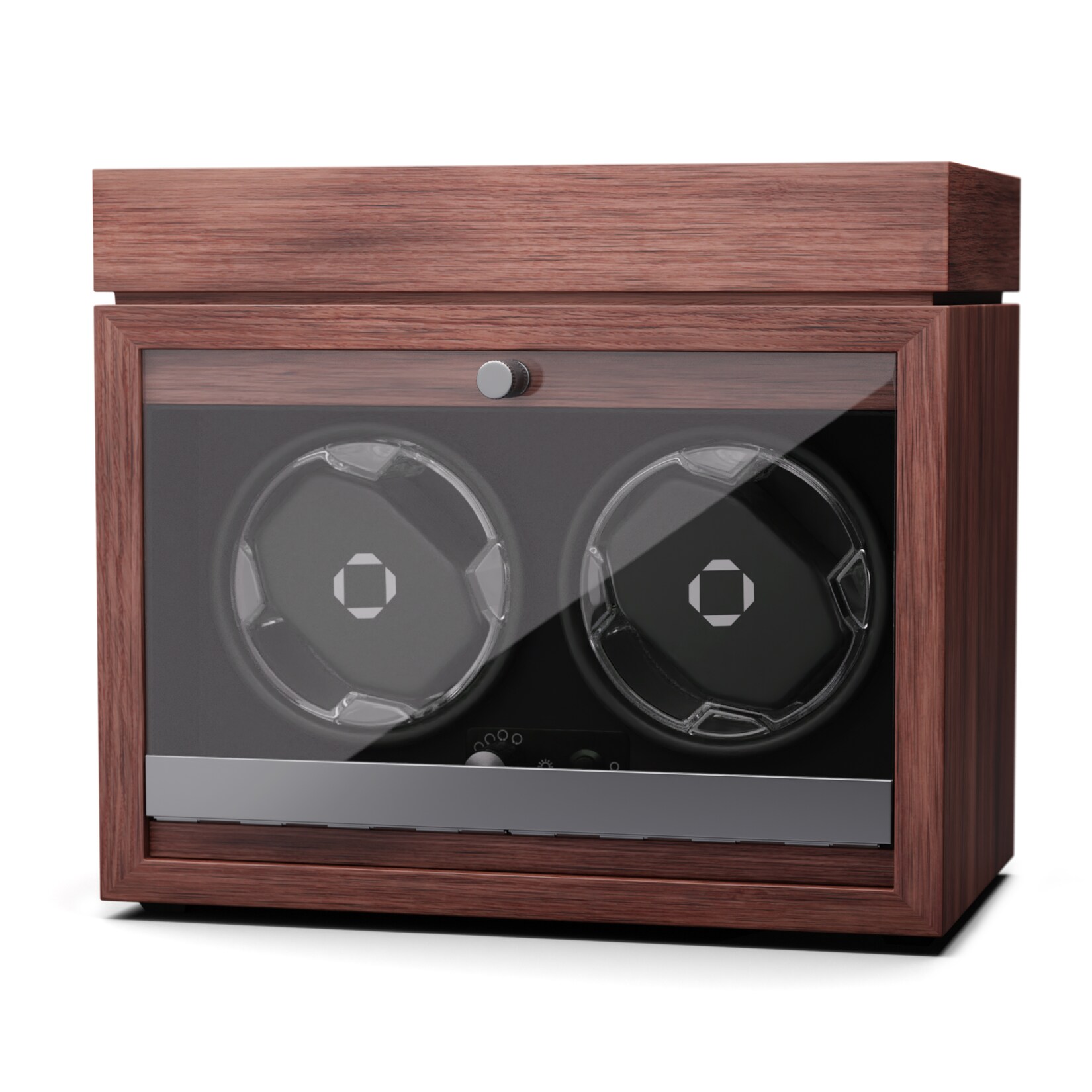 Brienz 2 Uhrenbeweger, 2 Uhren, 4 Modi, Holz-Optik, blaue Innenbeleuchtung, Schmuckfach Walnuss