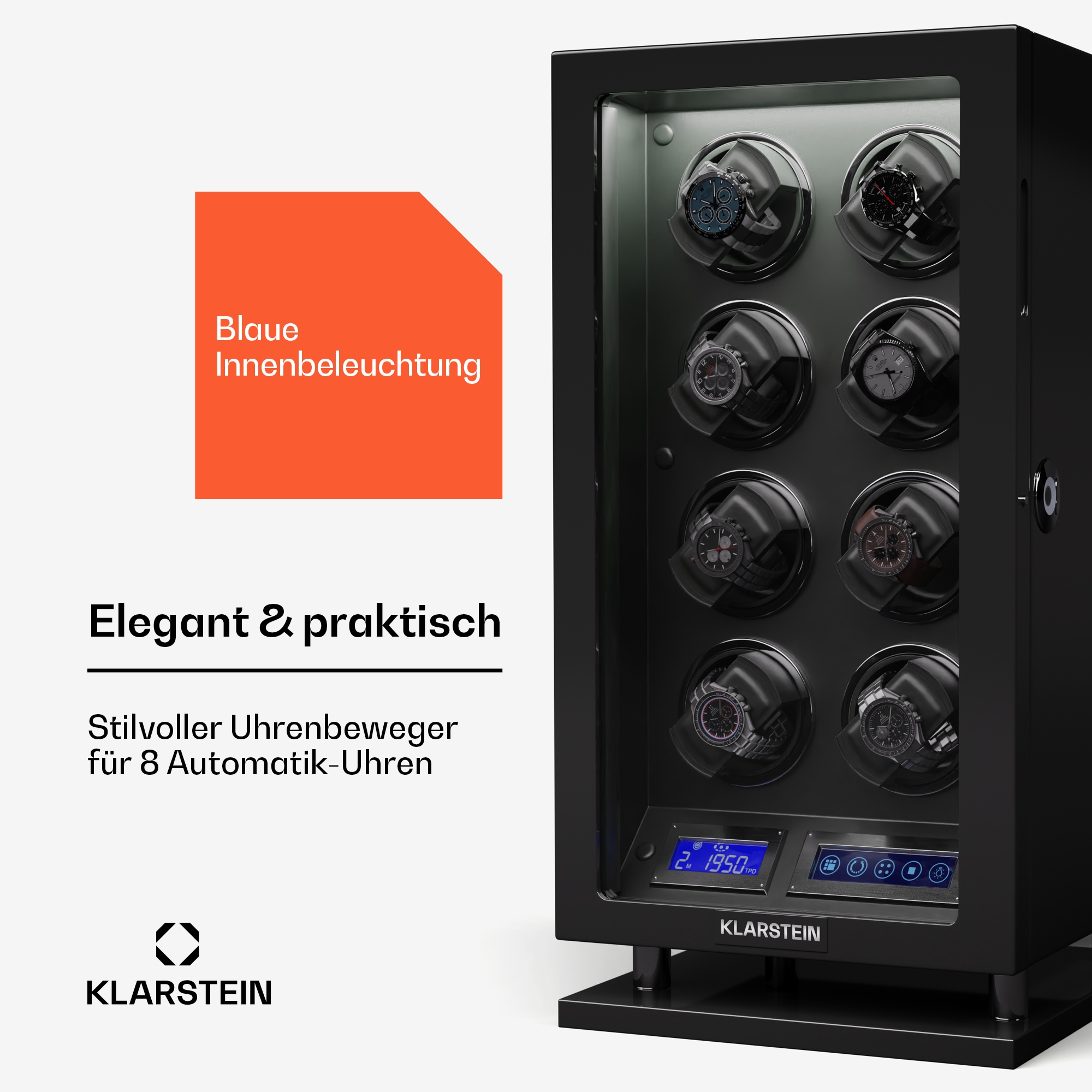 Verdon 8 Uhrenbeweger 8 Uhren 3 Modi 5 Geschwindigkeiten LED Fernbedienung Schwarz - Bild 1