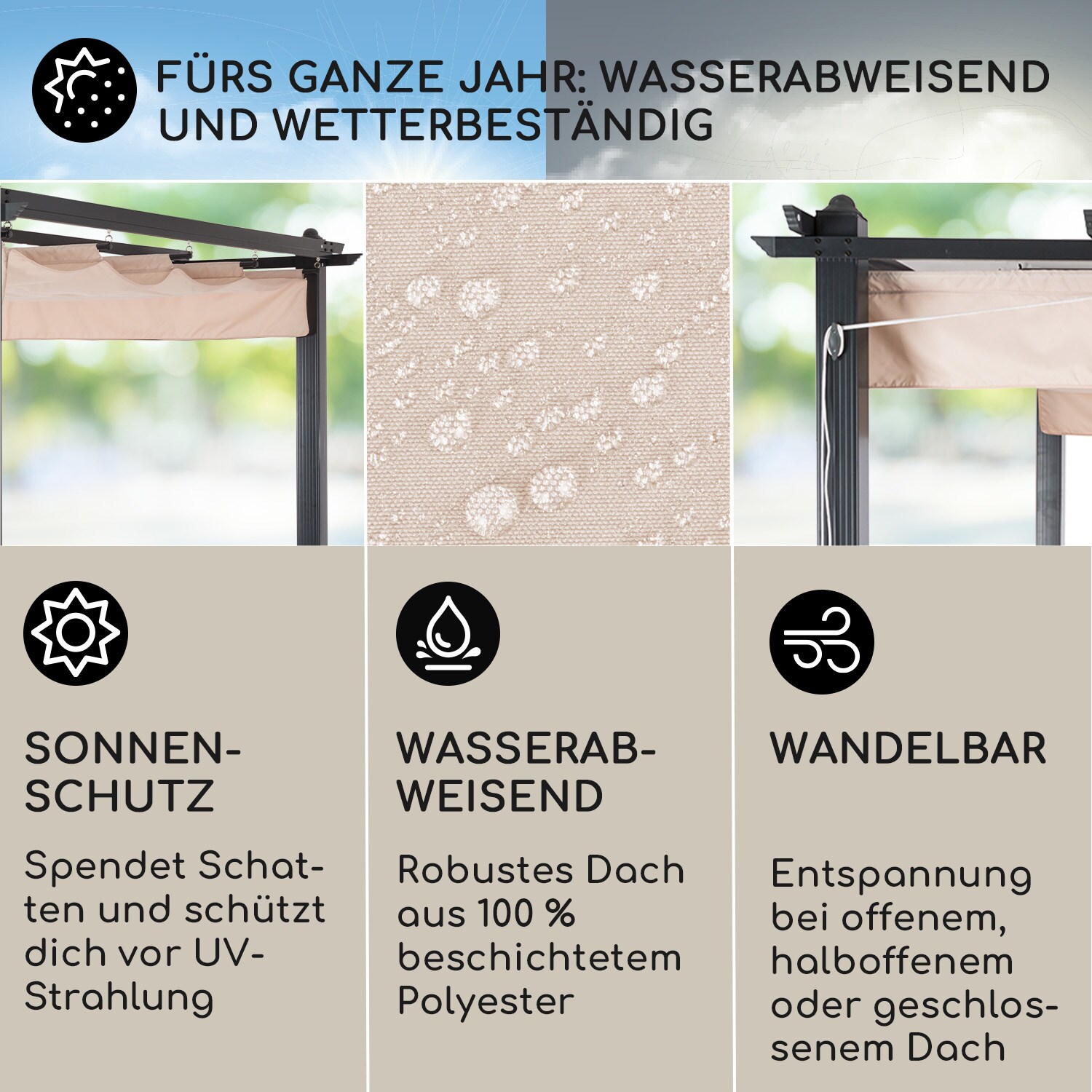 Pantheon 3x6 Pergola Vordach 3x6m Aluminium Sonnendach Polyester beige Beige 3 x 6 m Schwarz