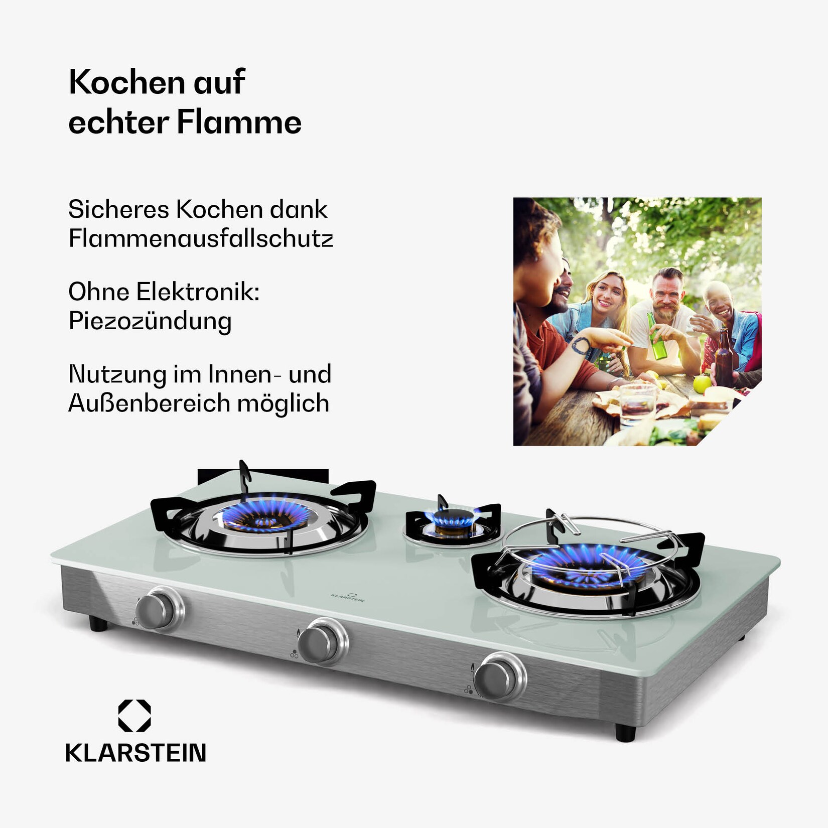 Barzona Campingkocher   3 Brenner   Glasplatte   Edelstahl   mobil einsetzbar Weiß 3 Brenner