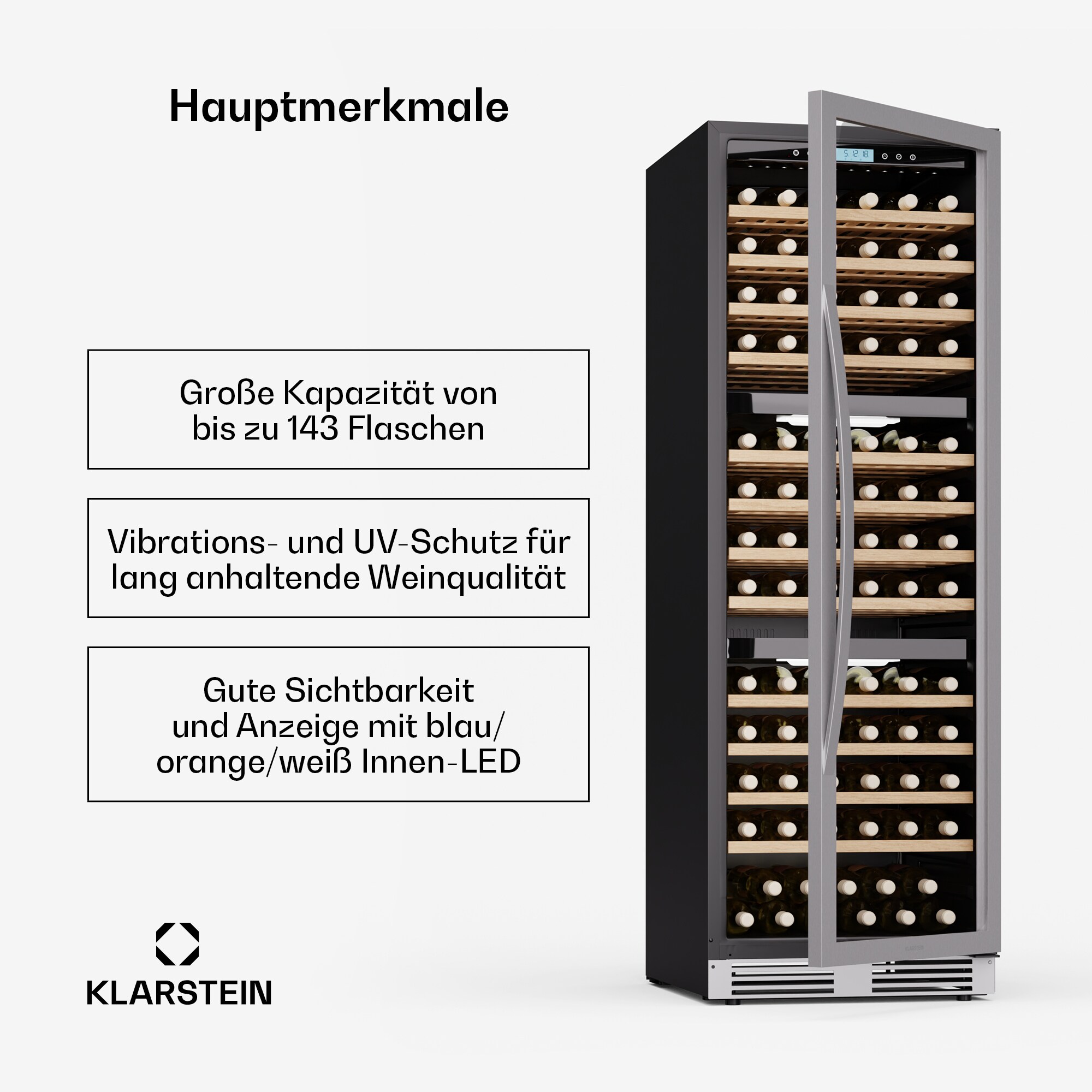 Vinovilla Trio Weink&uuml;hlschrank | 144 Flaschen | 3 Zonen | 38 dB | 12 Regale | Kompressor | 413 Liter Edelstahl 143 Flaschen 3 K&uuml;hlzonen - Bild 1
