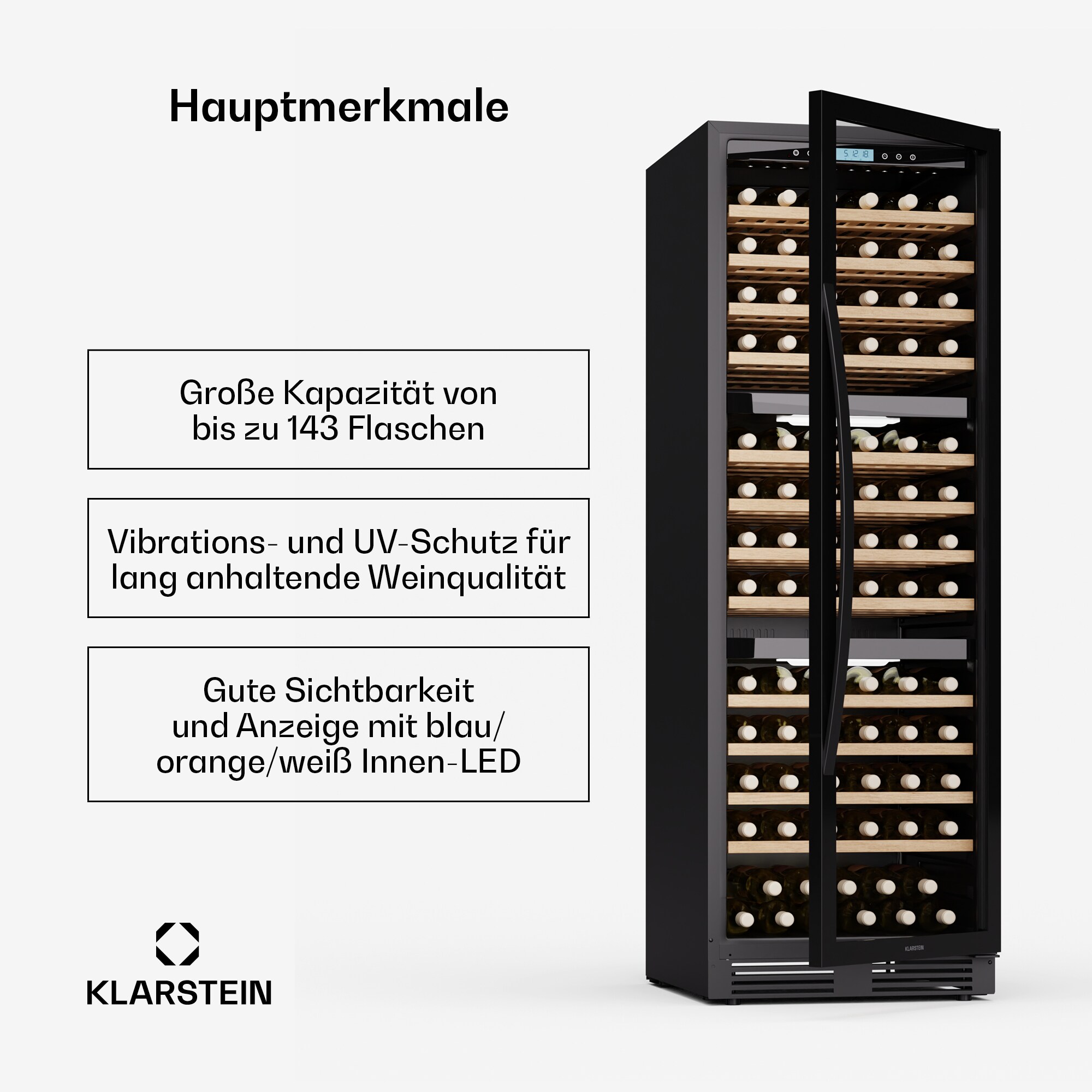 Vinovilla Trio Weink&uuml;hlschrank | 144 Flaschen | 3 Zonen | 38 dB | 12 Regale | Kompressor | 413 Liter Schwarz 143 Flaschen 3 K&uuml;hlzonen - Bild 1