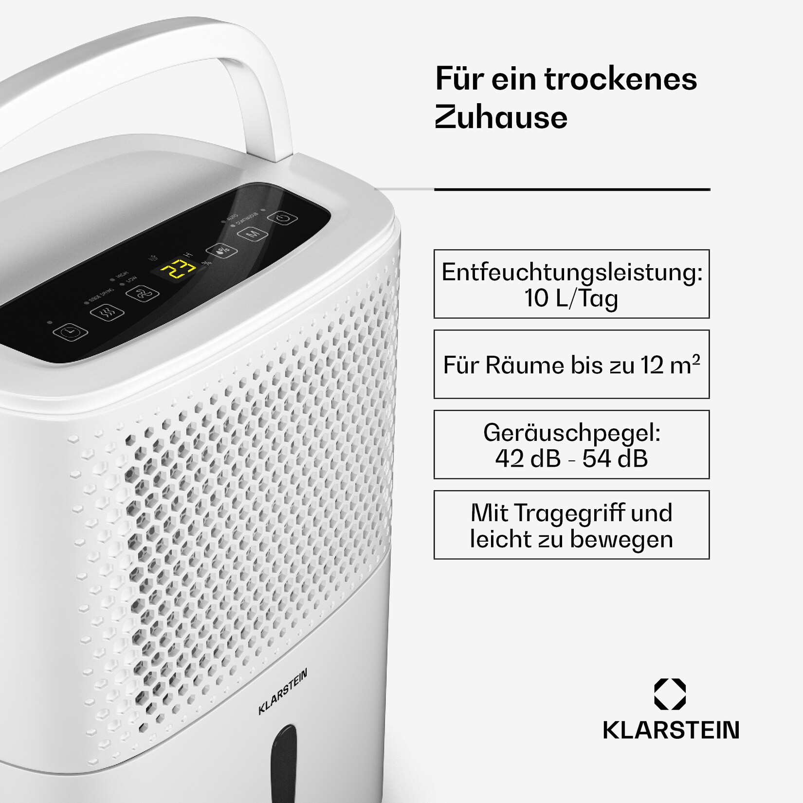DryFy 10L Entfeuchter 10 L/Tag 12m² 80 m³/h Timer Wassertank mobil Weiß 10l/24h
