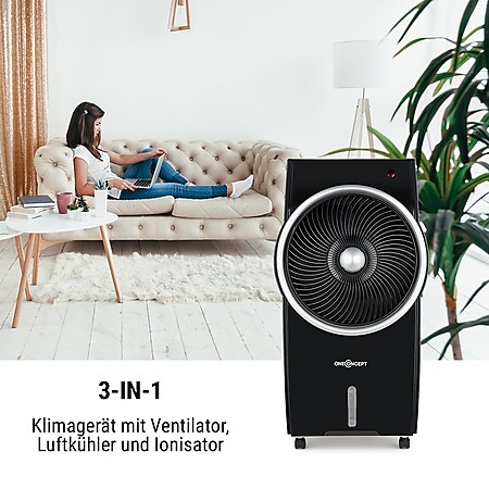 Luftkühler Ventilator Mobiles Klimagerät Ionisator Oszillation Schwarz/Silber 
