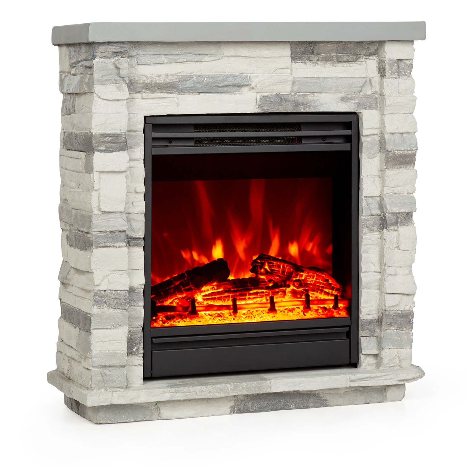 Lienz Elektrischer Kamin 1800W Steindekor Polystone Fernbedienung Steinoptik/Hellgrau