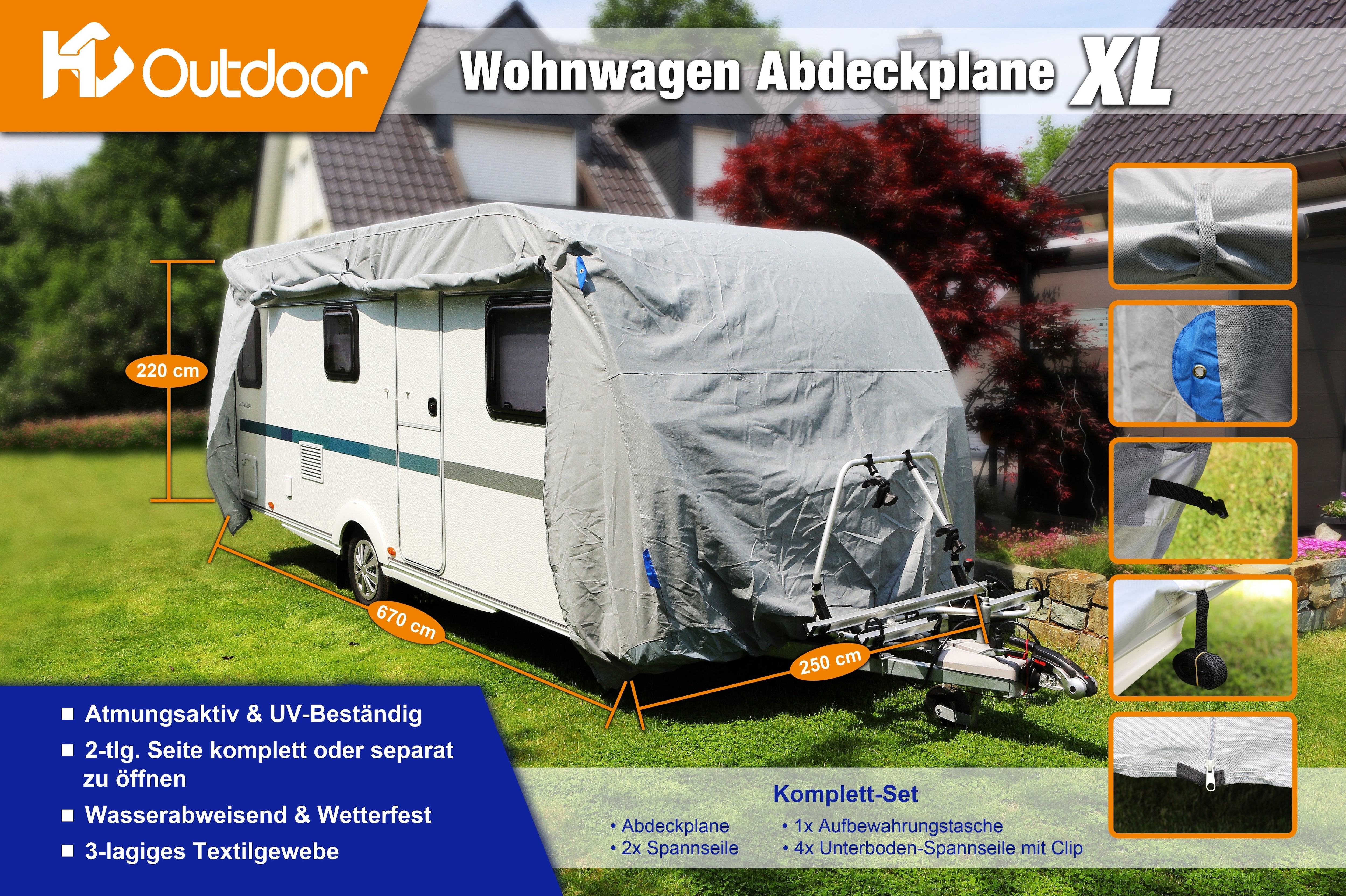 HC Outdoor Wohnwagen Abdeckplane Gr&ouml;&szlig;e XL 670 x 250 x 220 cm - Bild 1