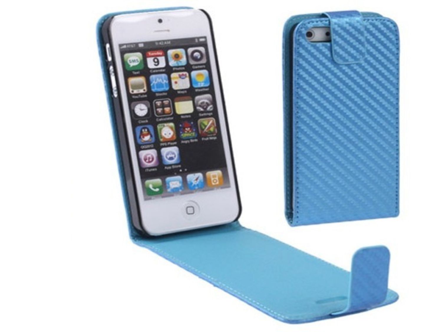 Handy Tasche Flip d&uuml;nn Carbon look f&uuml;r Handy iPhone 5 & 5s Hellblau - Bild 1