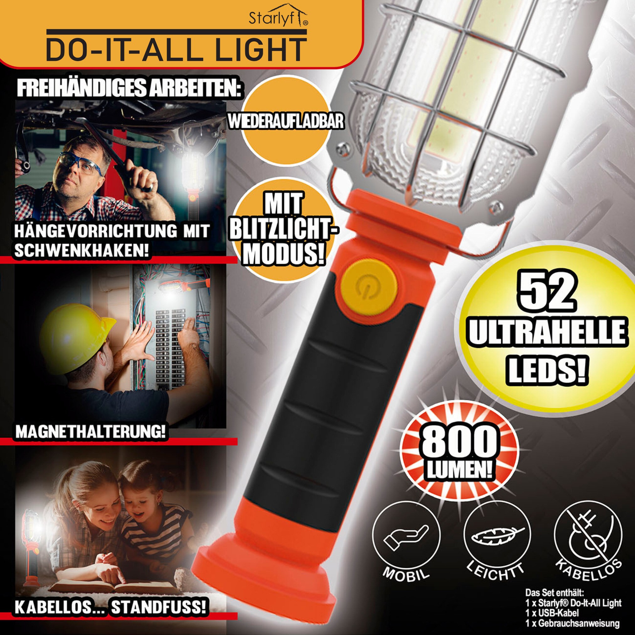 Lampe de Travail LED 5 Modes - Lampe Torche Baladeuse LED 800LM, Lampe