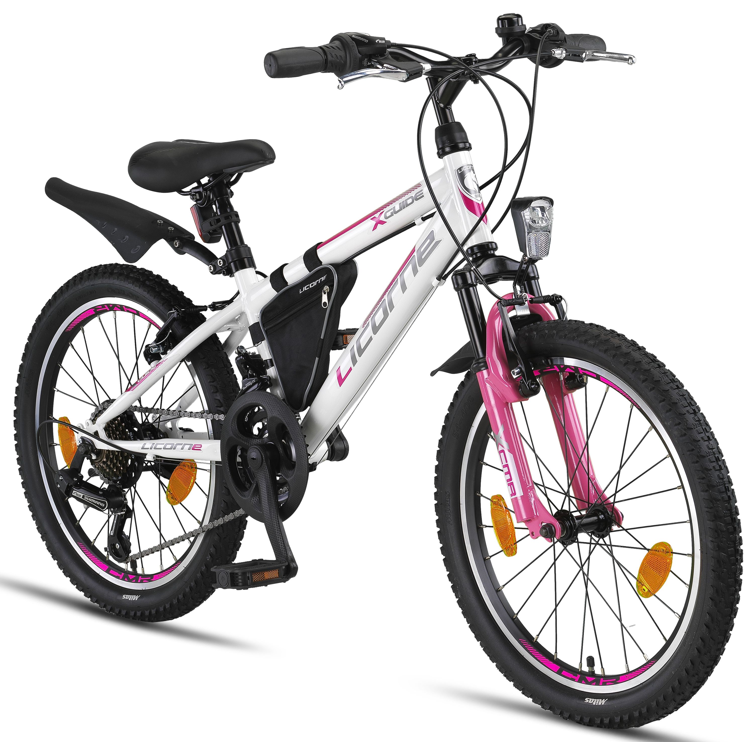 Licorne Bike Guide Premium Mountainbike in 20, 24 und 26 Zoll - Fahrrad f&uuml;r M&auml;dchen, Jungen, Herren und Damen - Shimano 21 Gang-Schaltung, Kinderfahrrad, Kinder Zoll:20;Farbe:Wei&szlig;/Rosa - Bild 1