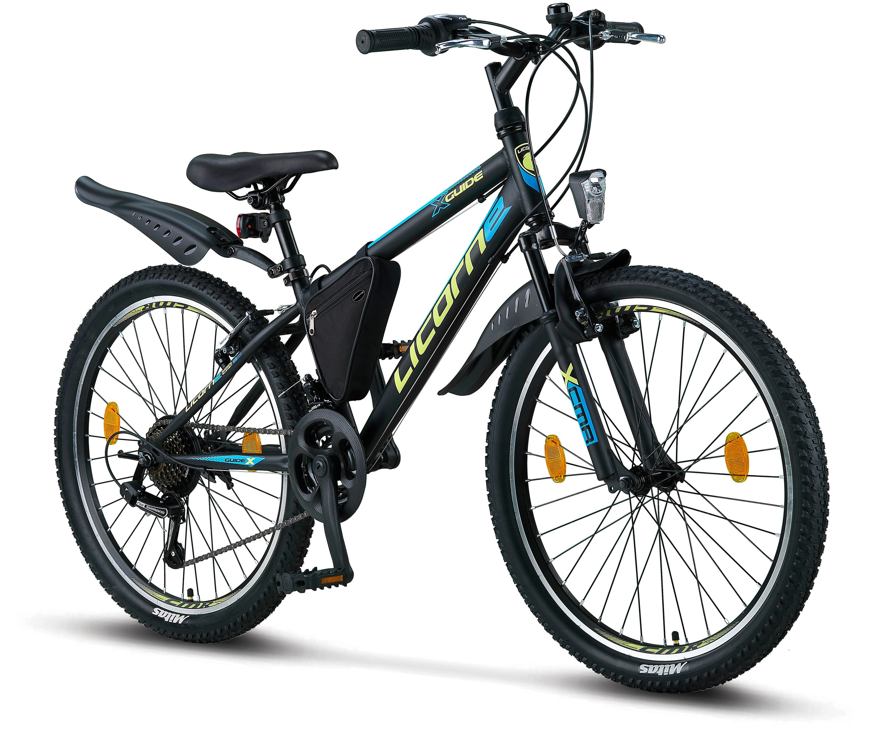 Licorne Bike Guide Premium Mountainbike in 20, 24 und 26 Zoll - Fahrrad f&uuml;r M&auml;dchen, Jungen, Herren und Damen - Shimano 21 Gang-Schaltung, Kinderfahrrad, Kinder Farbe:Schwarz/Blau/Lime;Zoll:24 - Bild 1