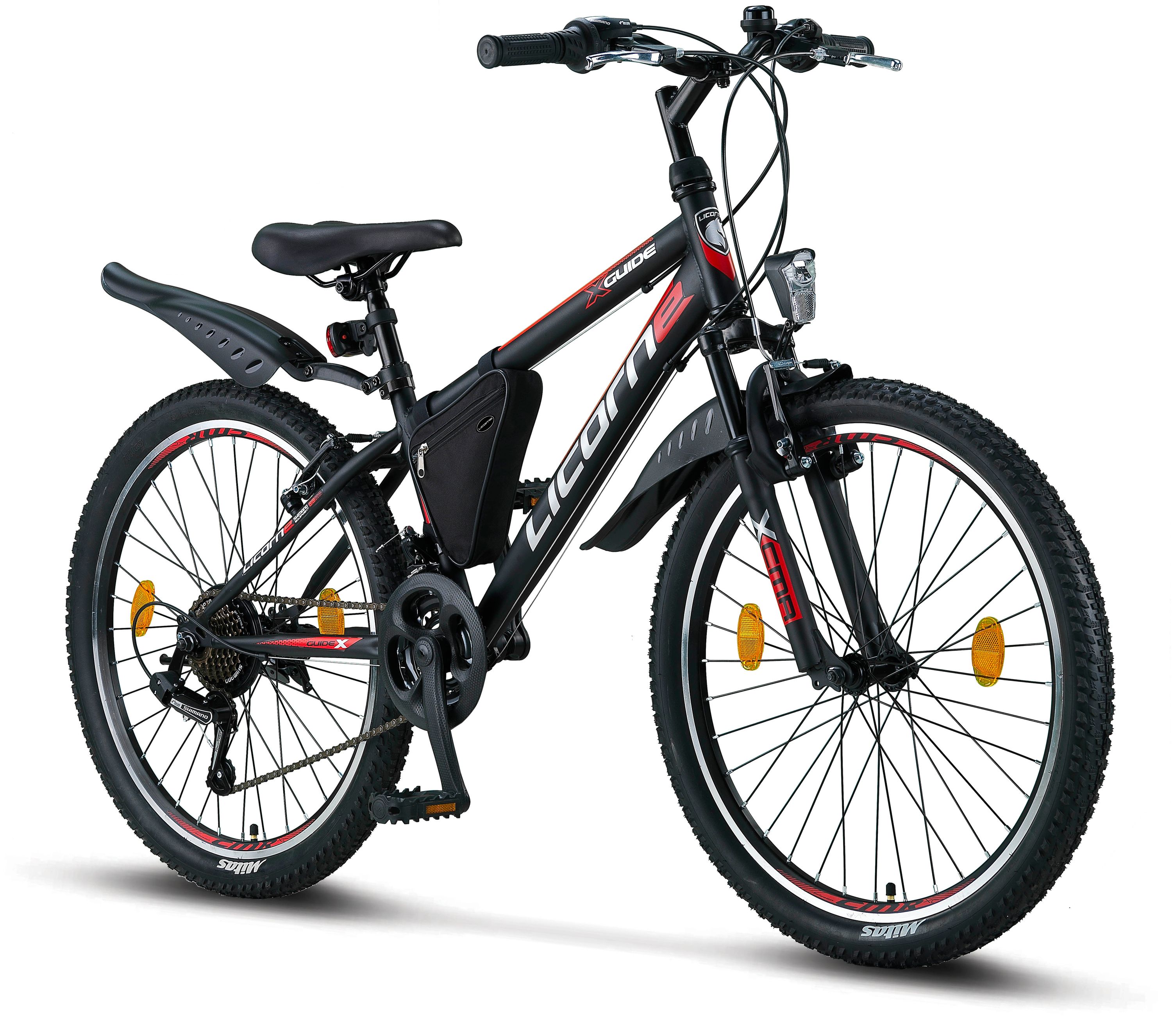 Licorne Bike Guide Premium Mountainbike in 20, 24 und 26 Zoll - Fahrrad f&uuml;r M&auml;dchen, Jungen, Herren und Damen - Shimano 21 Gang-Schaltung, Kinderfahrrad, Kinder Farbe:Schwarz/Rot/Grau;Zoll:24 - Bild 1