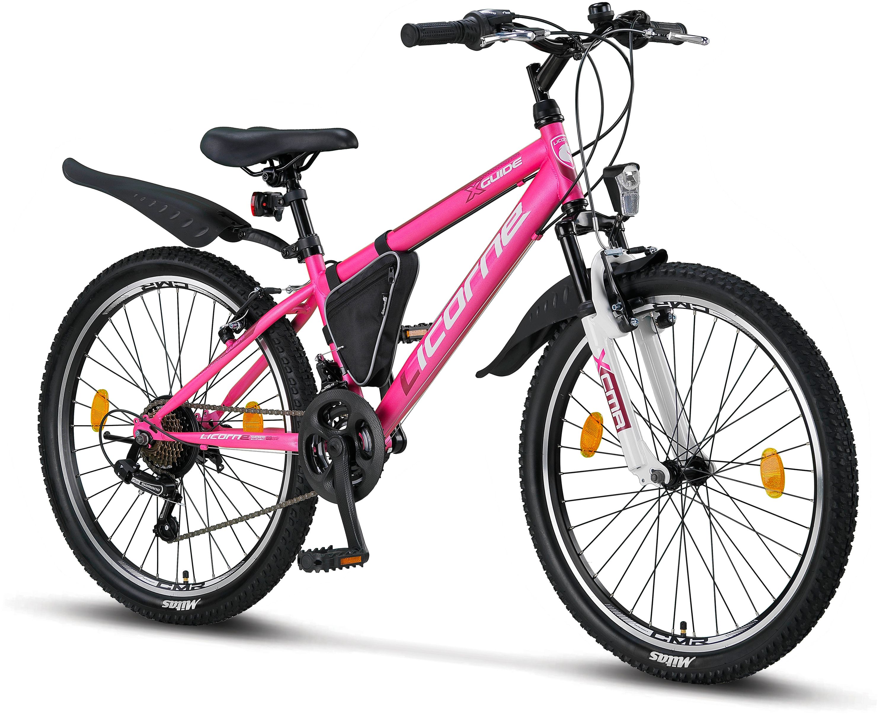 Licorne Bike Guide Premium Mountainbike in 20, 24 und 26 Zoll - Fahrrad f&uuml;r M&auml;dchen, Jungen, Herren und Damen - Shimano 21 Gang-Schaltung, Kinderfahrrad, Kinder Farbe:Rosa/Wei&szlig;;Zoll:24 - Bild 1
