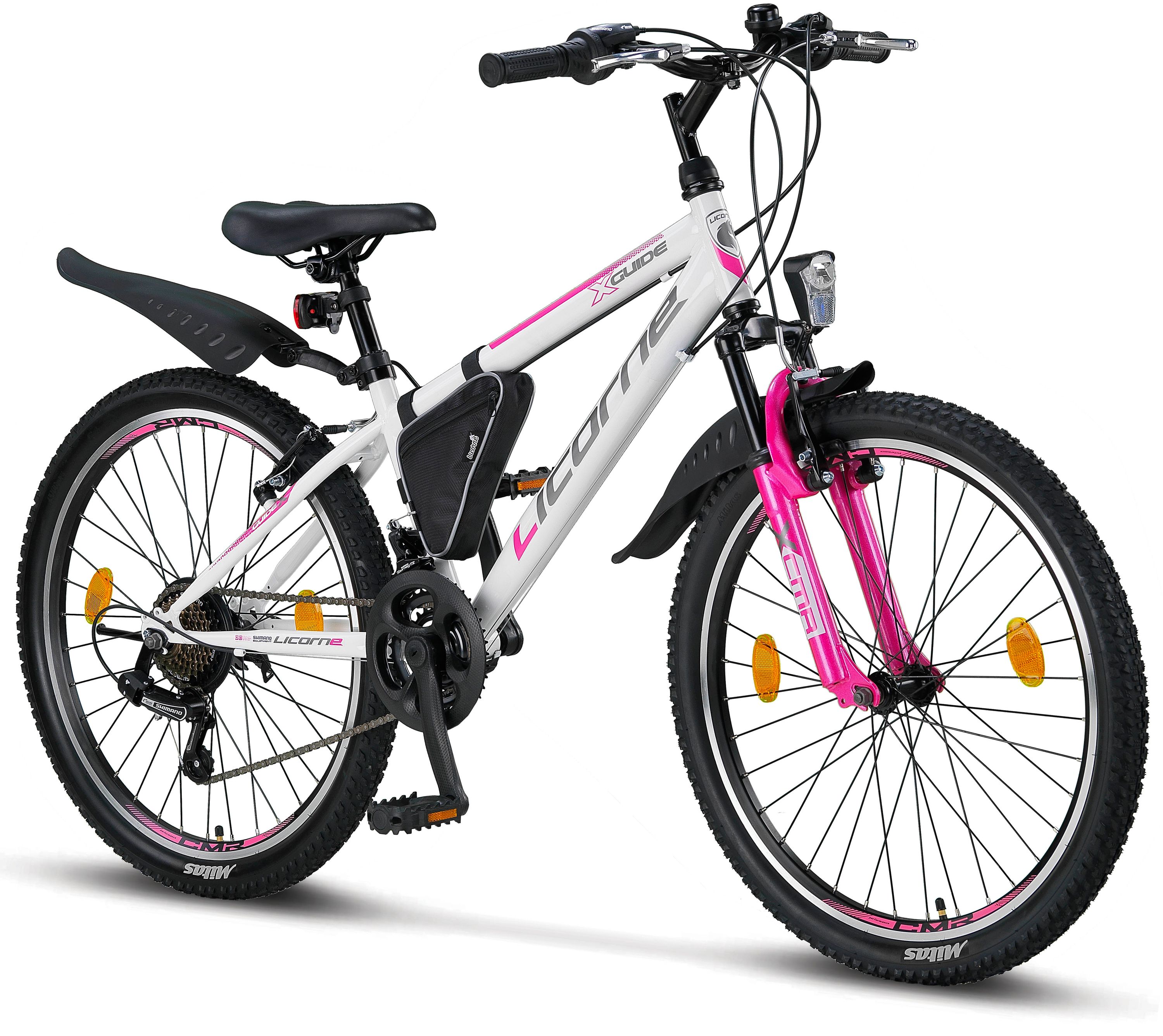 Licorne Bike Guide Premium Mountainbike in 20, 24 und 26 Zoll - Fahrrad f&uuml;r M&auml;dchen, Jungen, Herren und Damen - Shimano 21 Gang-Schaltung, Kinderfahrrad, Kinder Farbe:Wei&szlig;/Rosa;Zoll:24 - Bild 1
