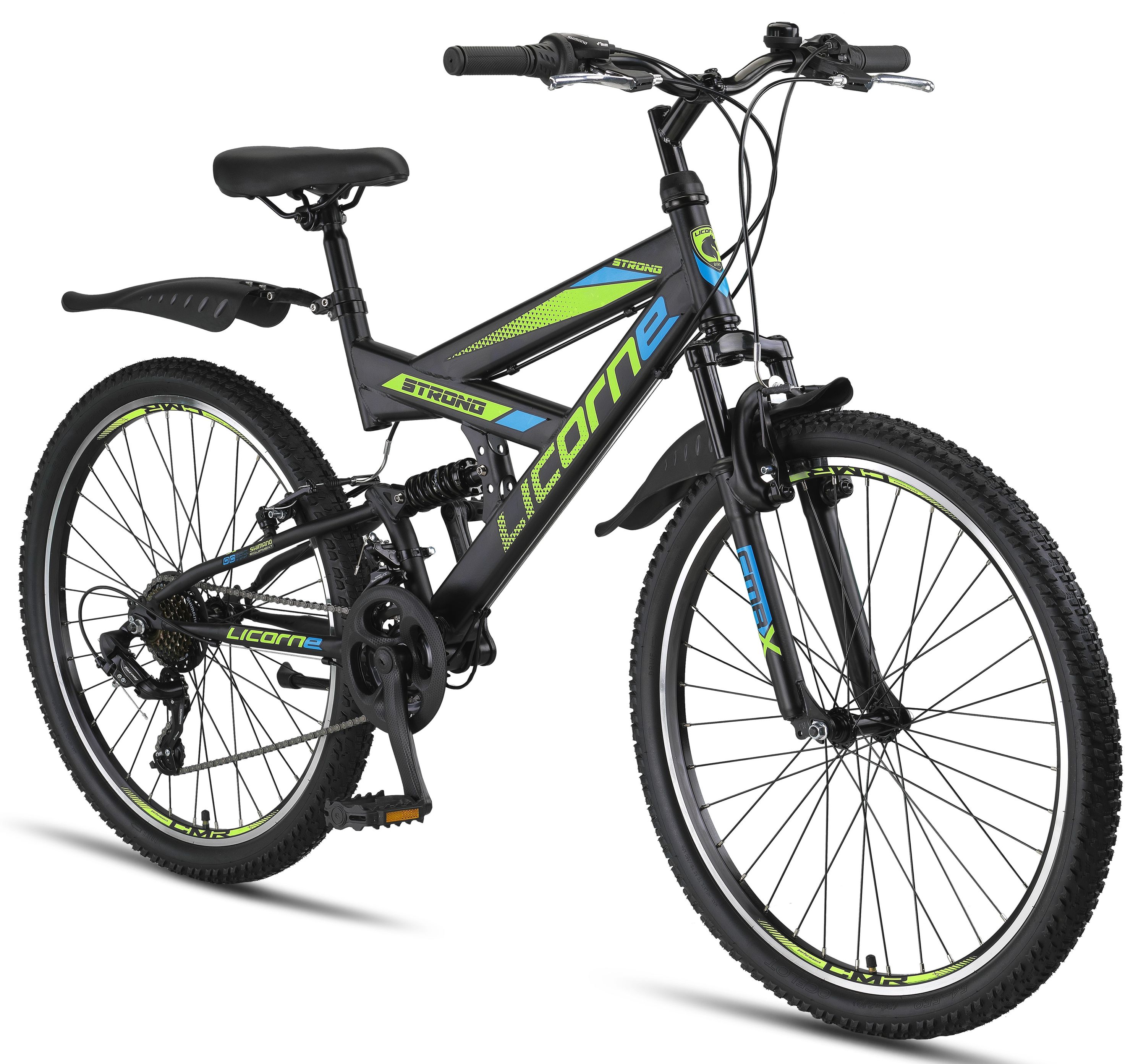 Licorne Bike Strong V Premium Mountainbike in 24 und 26 Zoll - Fahrrad f&uuml;r Jungen, M&auml;dchen, Damen und Herren - Shimano 21 Gang-Schaltung - Vollfederung Farbe:Schwarz/Blau/Lime;Zoll:26 - Bild 1