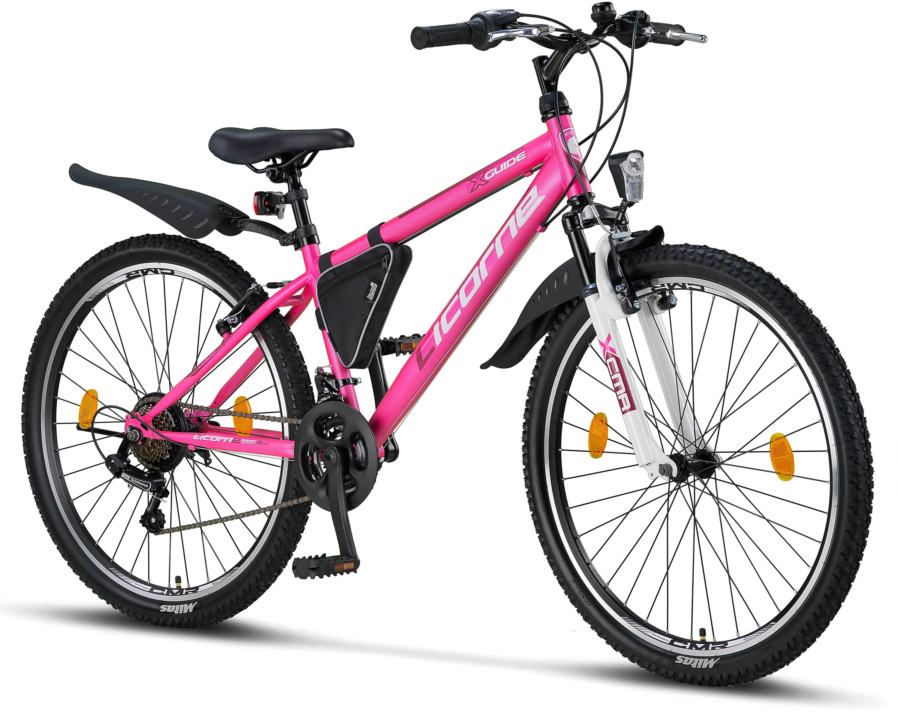 Licorne Bike Guide Premium Mountainbike in 20, 24 und 26 Zoll - Fahrrad f&uuml;r M&auml;dchen, Jungen, Herren und Damen - Shimano 21 Gang-Schaltung, Kinderfahrrad, Kinder Farbe:Rosa/Wei&szlig;;Zoll:26 - Bild 1