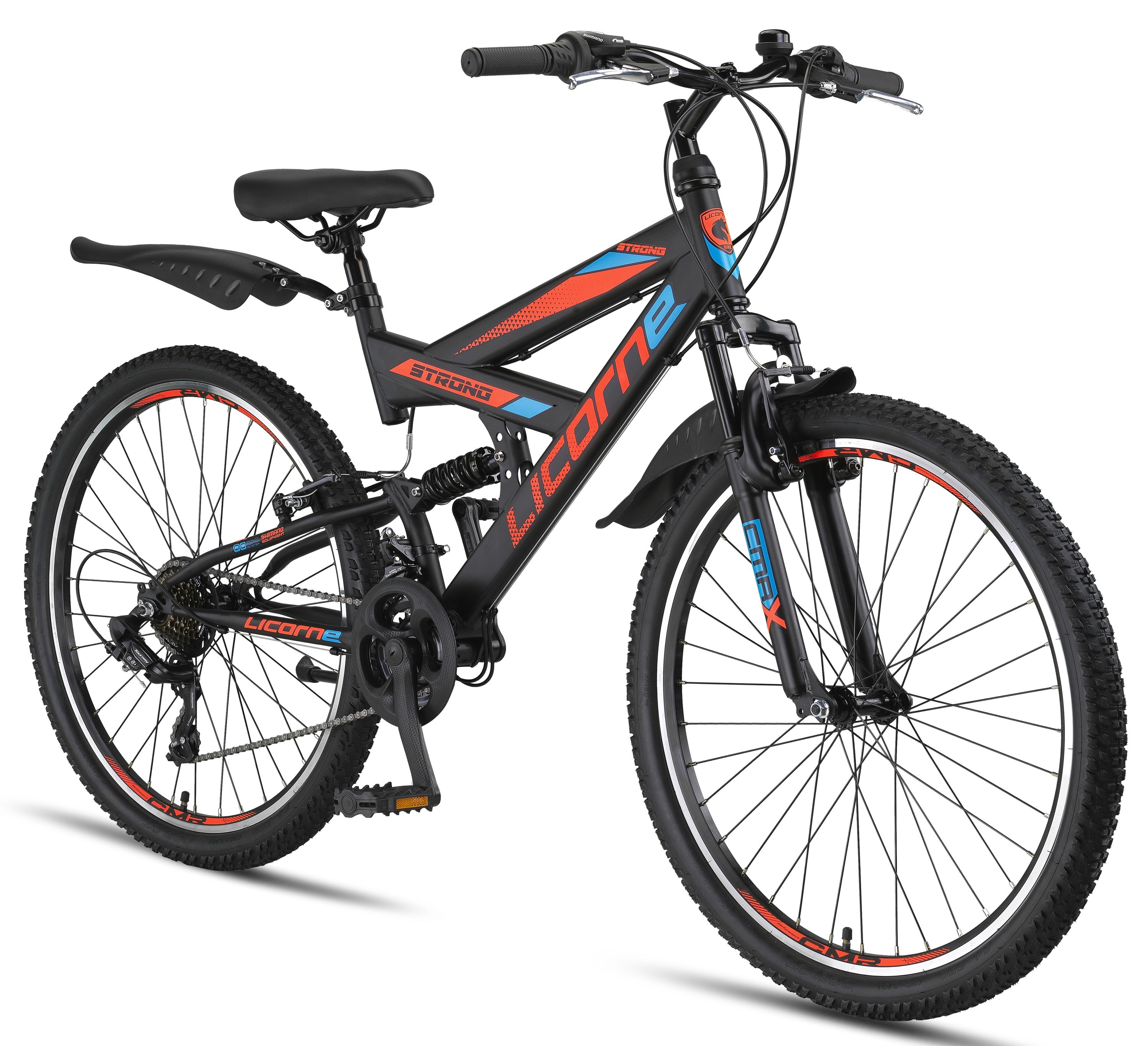 Licorne Bike Strong V Premium Mountainbike in 24 und 26 Zoll - Fahrrad f&uuml;r Jungen, M&auml;dchen, Damen und Herren - Shimano 21 Gang-Schaltung - Vollfederung Zoll:26;Farbe:Schwarz/Blau/Orange - Bild 1