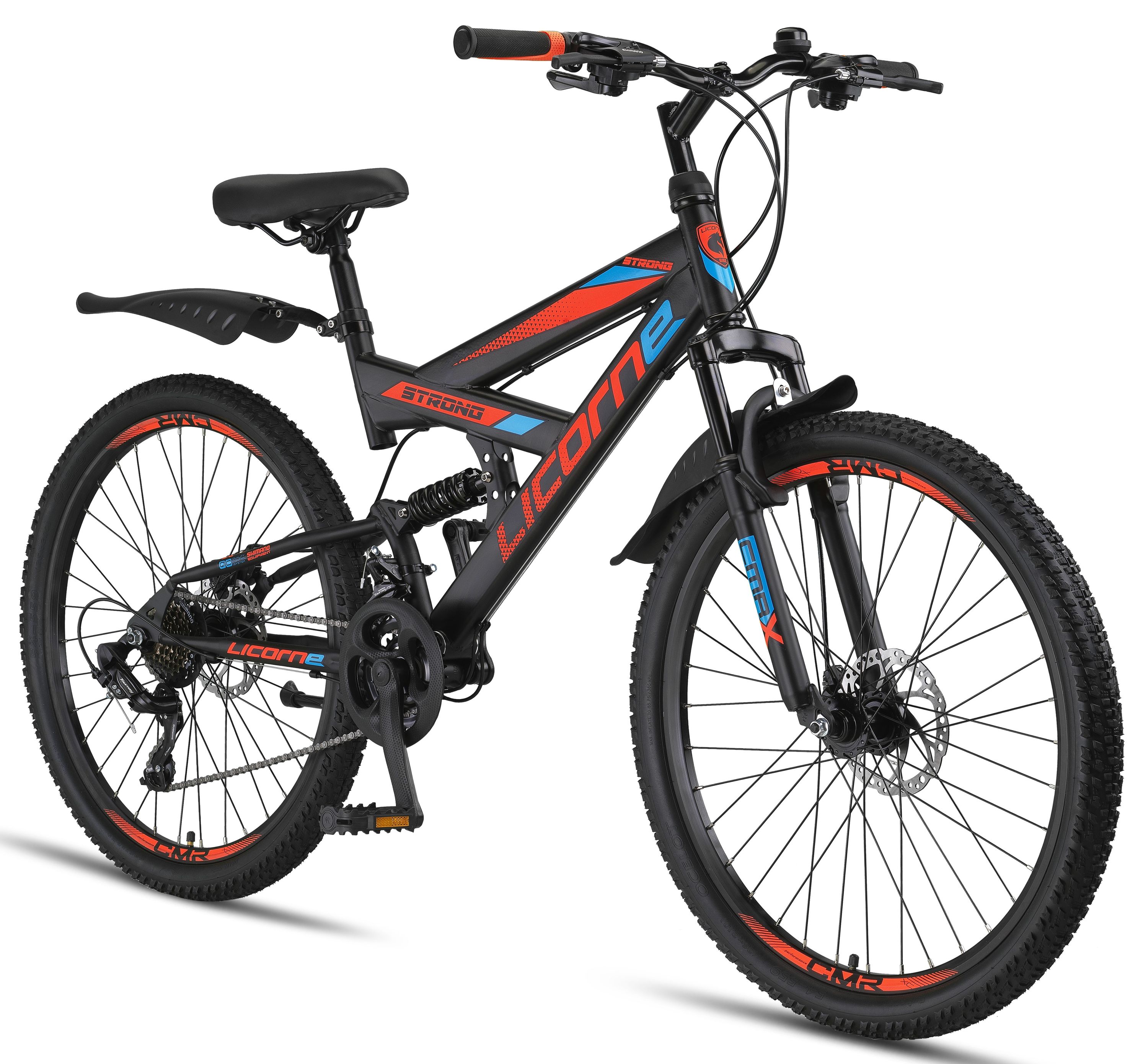 Licorne Bike Strong 2D Premium Mountainbike in 26, 27,5 und 29 Zoll - Fahrrad f&uuml;r Jungen, M&auml;dchen, Damen und Herren - Scheibenbremse vorne und hinten - Shimano 21 Gang-Schaltung -  Zoll:26;Farbe:Schwarz/Blau/Orange - Bild 1