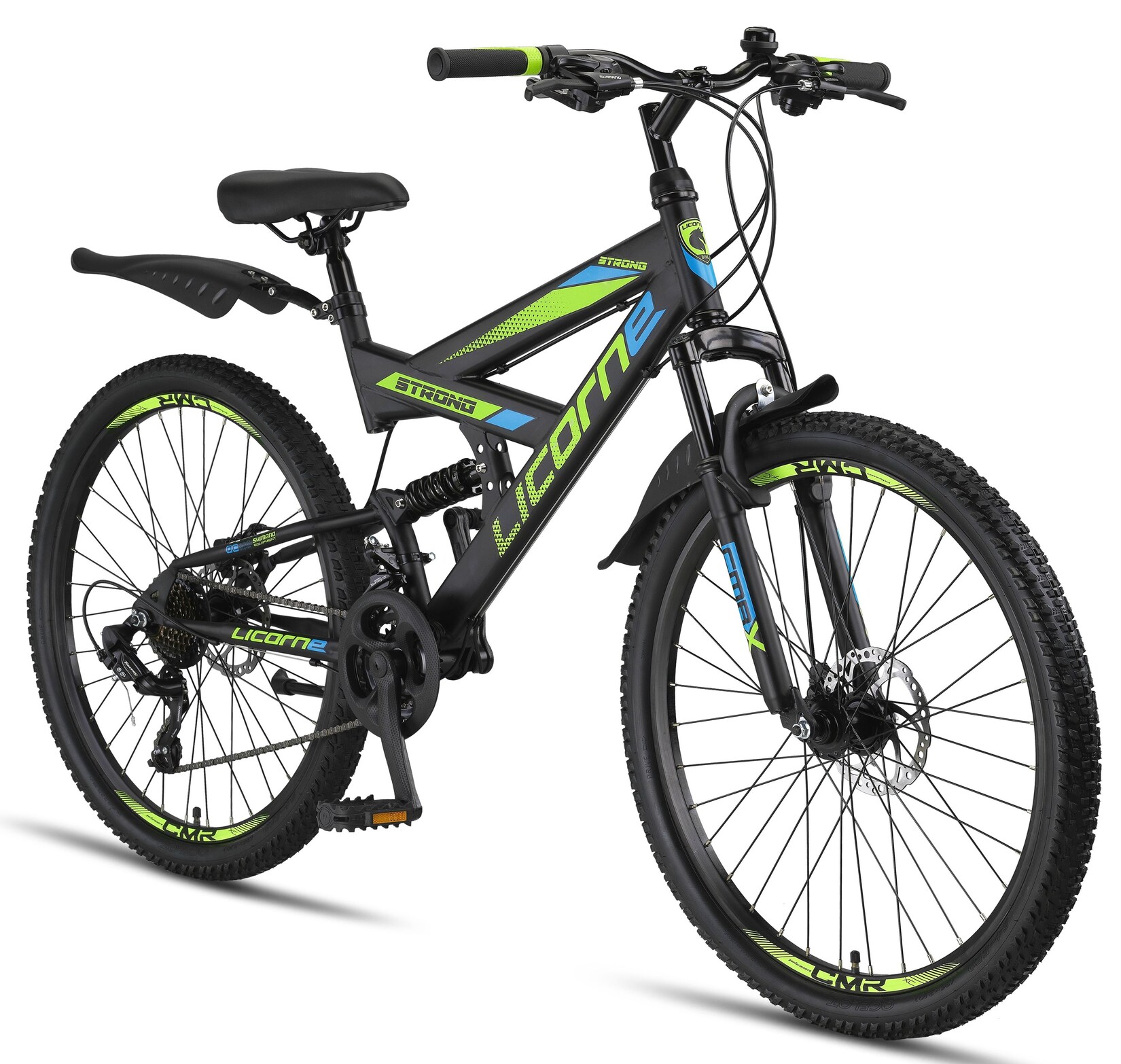Licorne Bike Strong 2D Premium Mountainbike in 26, 27,5 und 29 Zoll - Fahrrad für Jungen, Mädchen, Damen und Herren - Scheibenbremse vorne und hinten - Shimano 21 Gang-Schaltung - Farbe:Schwarz/Blau/Lime;Zoll:26