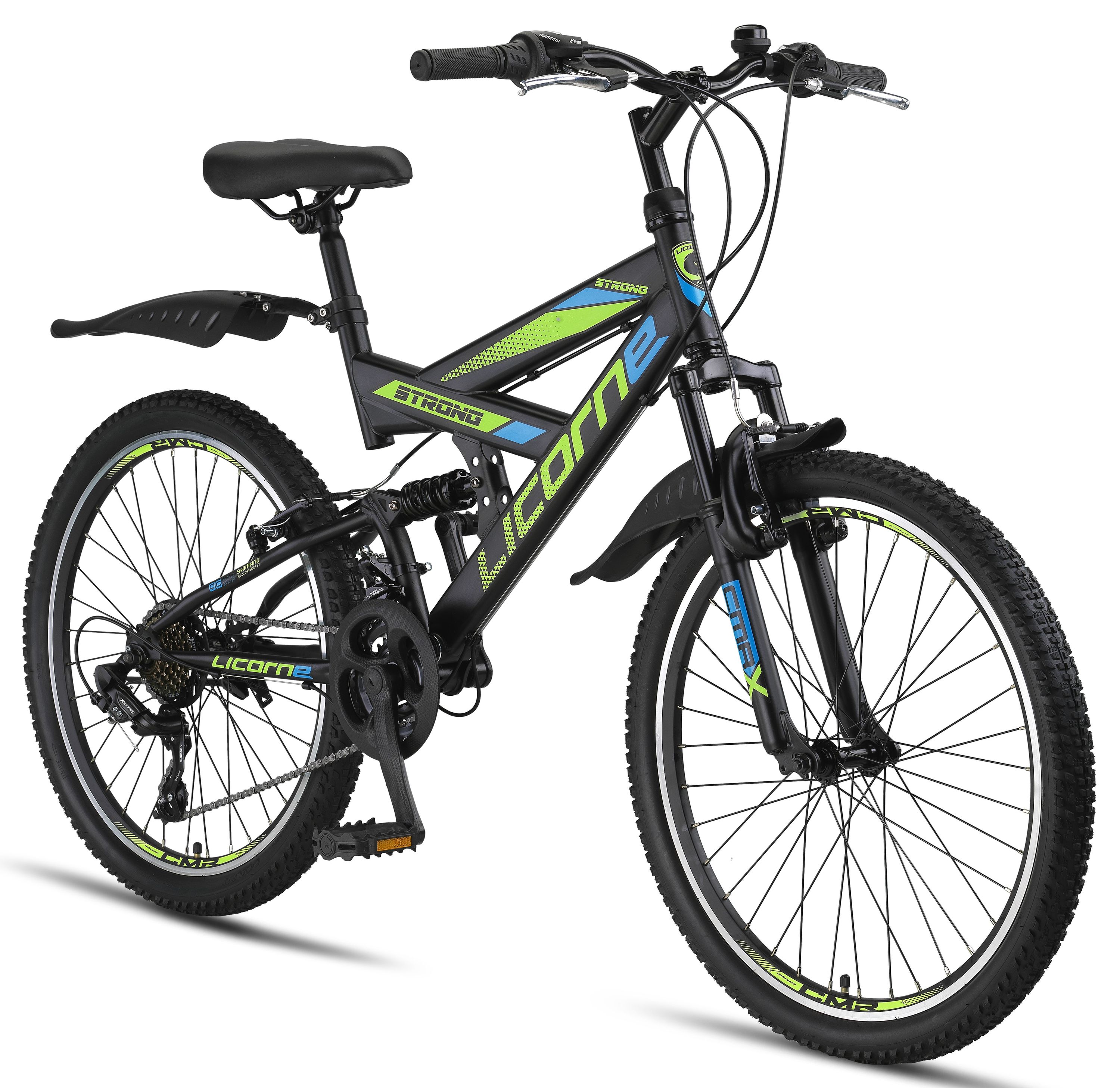 Licorne Bike Strong V Premium Mountainbike in 24 und 26 Zoll - Fahrrad f&uuml;r Jungen, M&auml;dchen, Damen und Herren - Shimano 21 Gang-Schaltung - Vollfederung Farbe:Schwarz/Blau/Lime;Zoll:24 - Bild 1