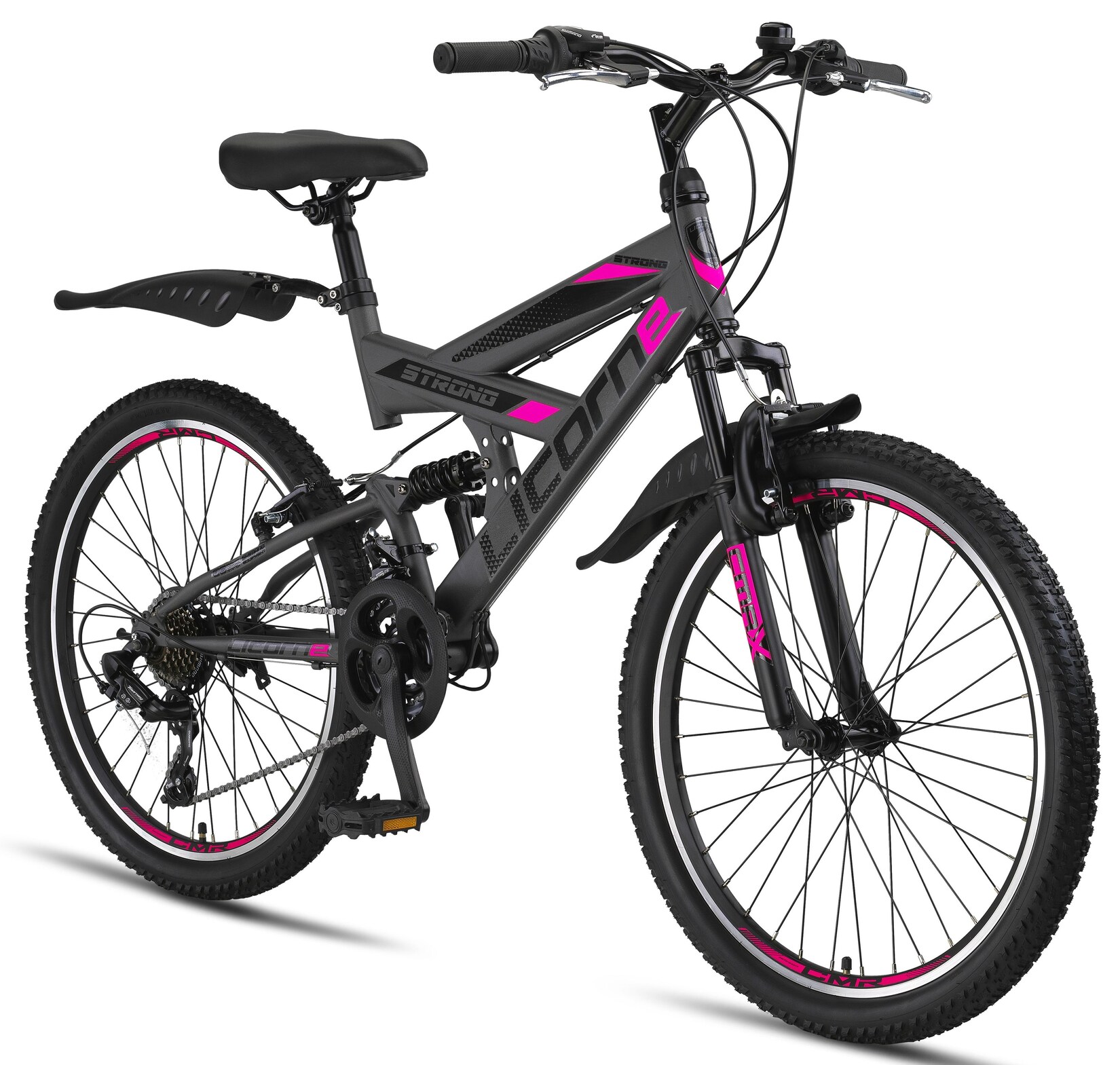 Licorne Bike Strong V Premium Mountainbike in 24 und 26 Zoll - Fahrrad für Jungen, Mädchen, Damen und Herren - Shimano 21 Gang-Schaltung - Vollfederung Zoll:24;Farbe:Anthrazit/Rosa