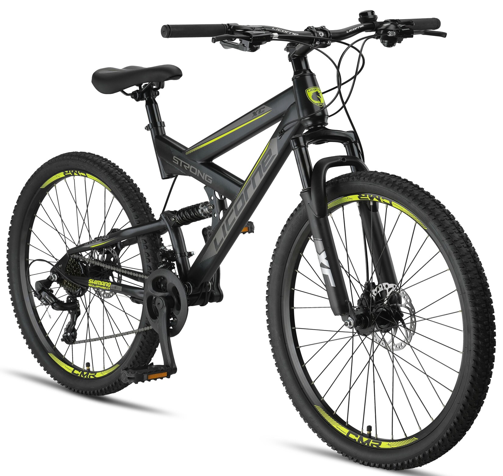 Licorne Bike Strong 2D Premium Mountainbike in 26, 27,5 und 29 Zoll - Fahrrad für Jungen, Mädchen, Damen und Herren - Scheibenbremse vorne und hinten - Shimano 21 Gang-Schaltung - Farbe:Schwarz/Lime;Zoll:27.5