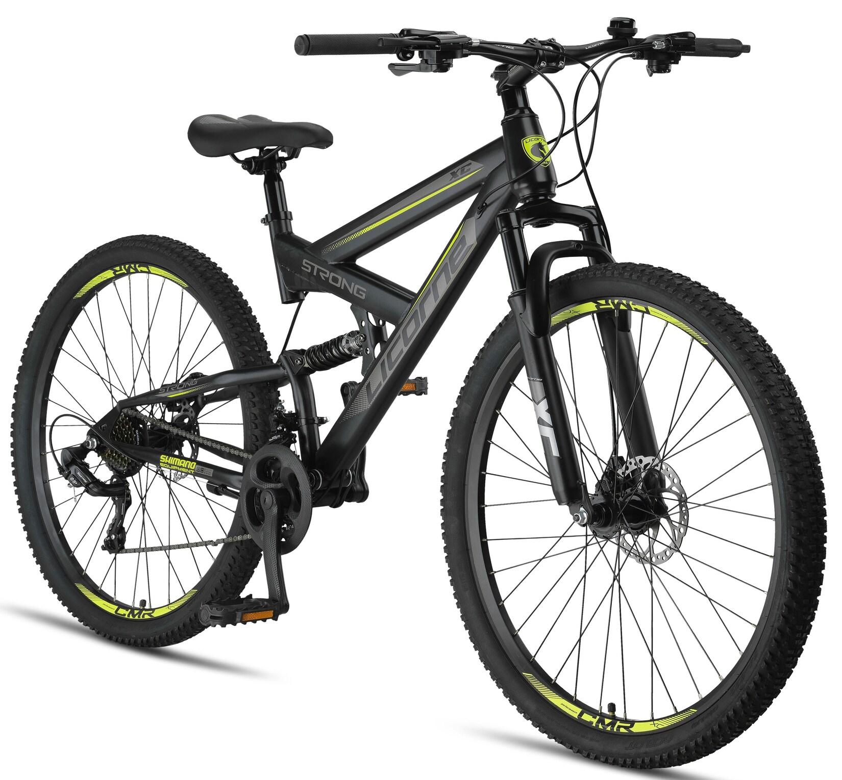 Licorne Bike Strong 2D Premium Mountainbike in 26, 27,5 und 29 Zoll - Fahrrad für Jungen, Mädchen, Damen und Herren - Scheibenbremse vorne und hinten - Shimano 21 Gang-Schaltung - Farbe:Schwarz/Lime;Zoll:29.00
