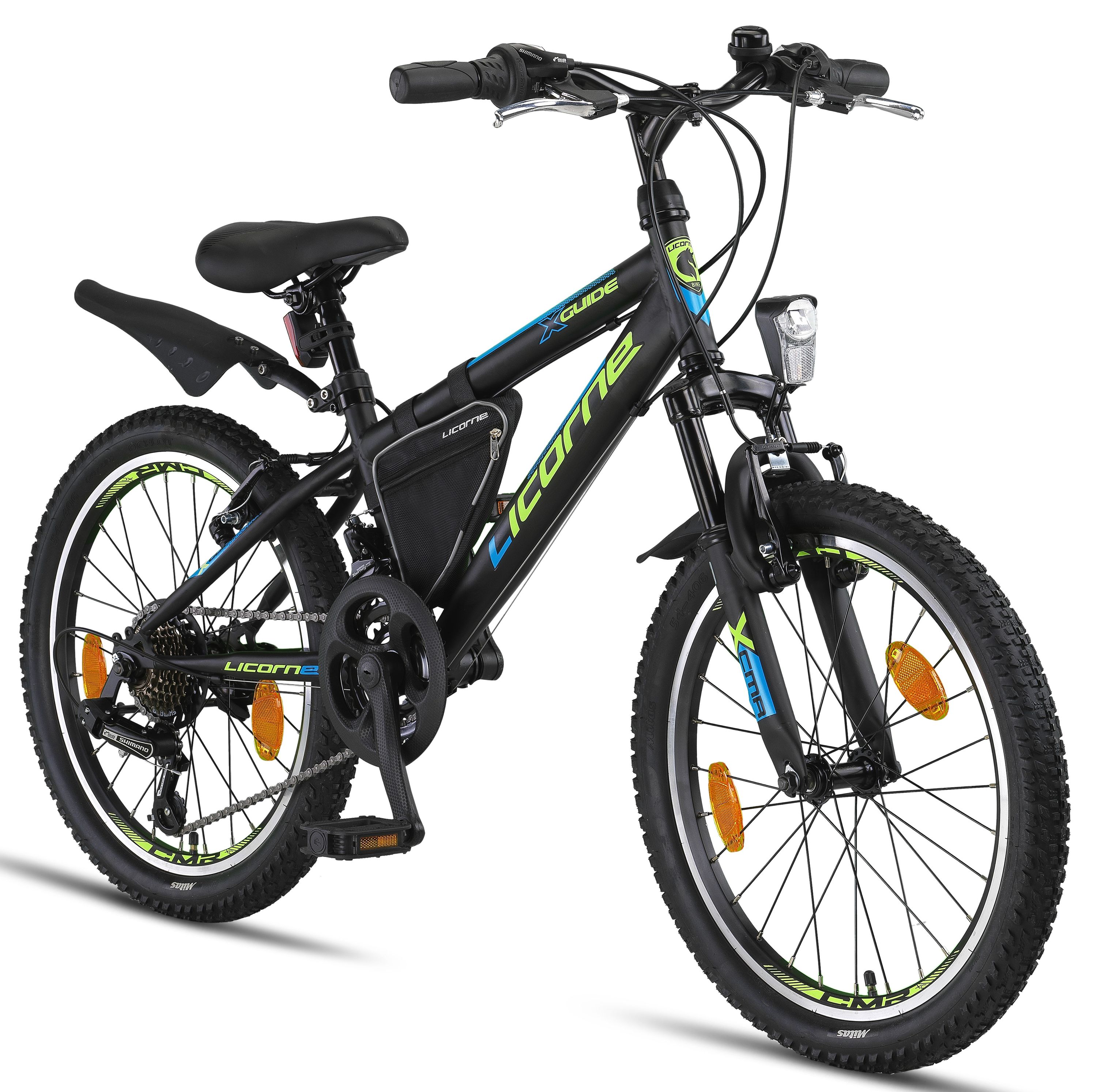 Licorne Bike Guide Premium Mountainbike in 20, 24 und 26 Zoll - Fahrrad f&uuml;r M&auml;dchen, Jungen, Herren und Damen - Shimano 21 Gang-Schaltung, Kinderfahrrad, Kinder Zoll:20;Farbe:Schwarz/Blau/Lime - Bild 1