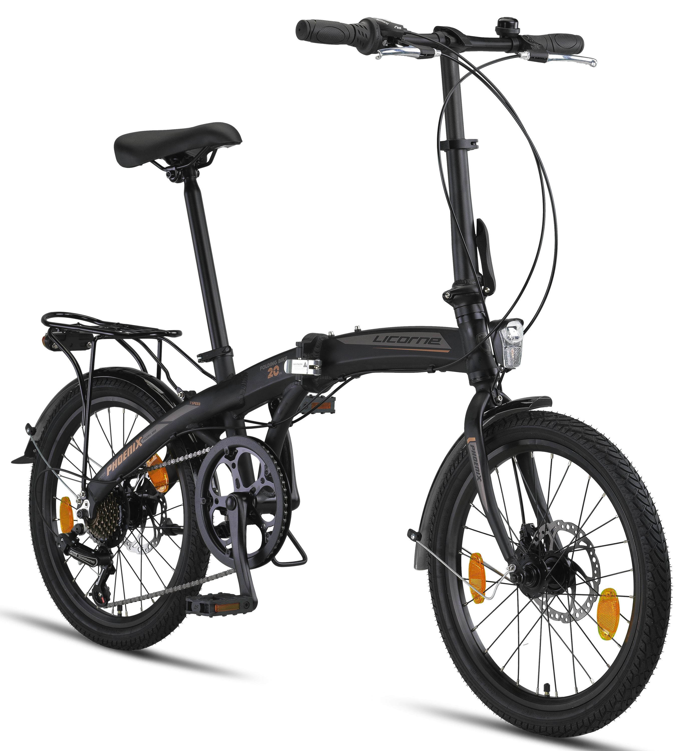 Licorne Bike Phoenix 2D, 20 Zoll Aluminium-Faltrad-Klapprad, Scheibenbremse, Discbremse, V-Bremse Faltfahrrad-Herren-Damen, 7 Gang Kettenschaltung - Folding City Bike, Alu-Rahmen, StVZO, Vorderlampe, Hinterlampe Farbe:Schwarz-Gold;Stil:Disc-Bremse - Bild 1