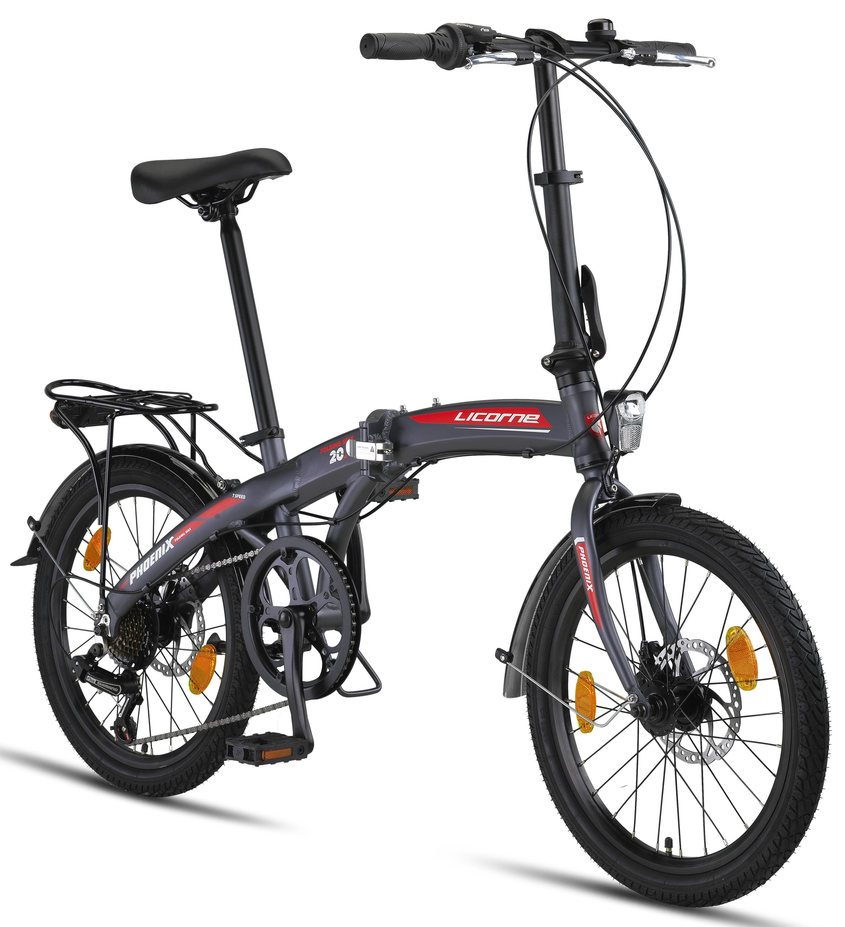 Licorne Bike Phoenix 2D, 20 Zoll Aluminium-Faltrad-Klapprad, Scheibenbremse, Discbremse, V-Bremse Faltfahrrad-Herren-Damen, 7 Gang Kettenschaltung - Folding City Bike, Alu-Rahmen, StVZO, Vorderlampe, Hinterlampe Farbe:Anthrazit-Rot;Stil:Disc-Bremse - Bild 1