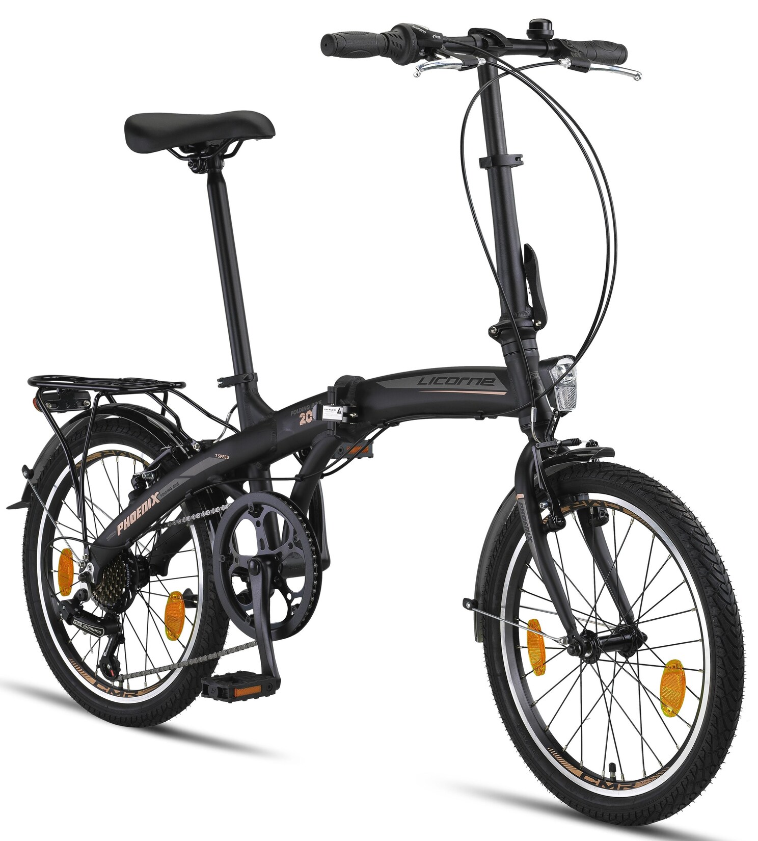 Licorne Bike Phoenix 2D, 20 Zoll Aluminium-Faltrad-Klapprad, Scheibenbremse, Discbremse, V-Bremse Faltfahrrad-Herren-Damen, 7 Gang Kettenschaltung - Folding City Bike, Alu-Rahmen, StVZO, Vorderlampe, Hinterlampe Farbe:Schwarz-Gold;Stil:V-Bremse
