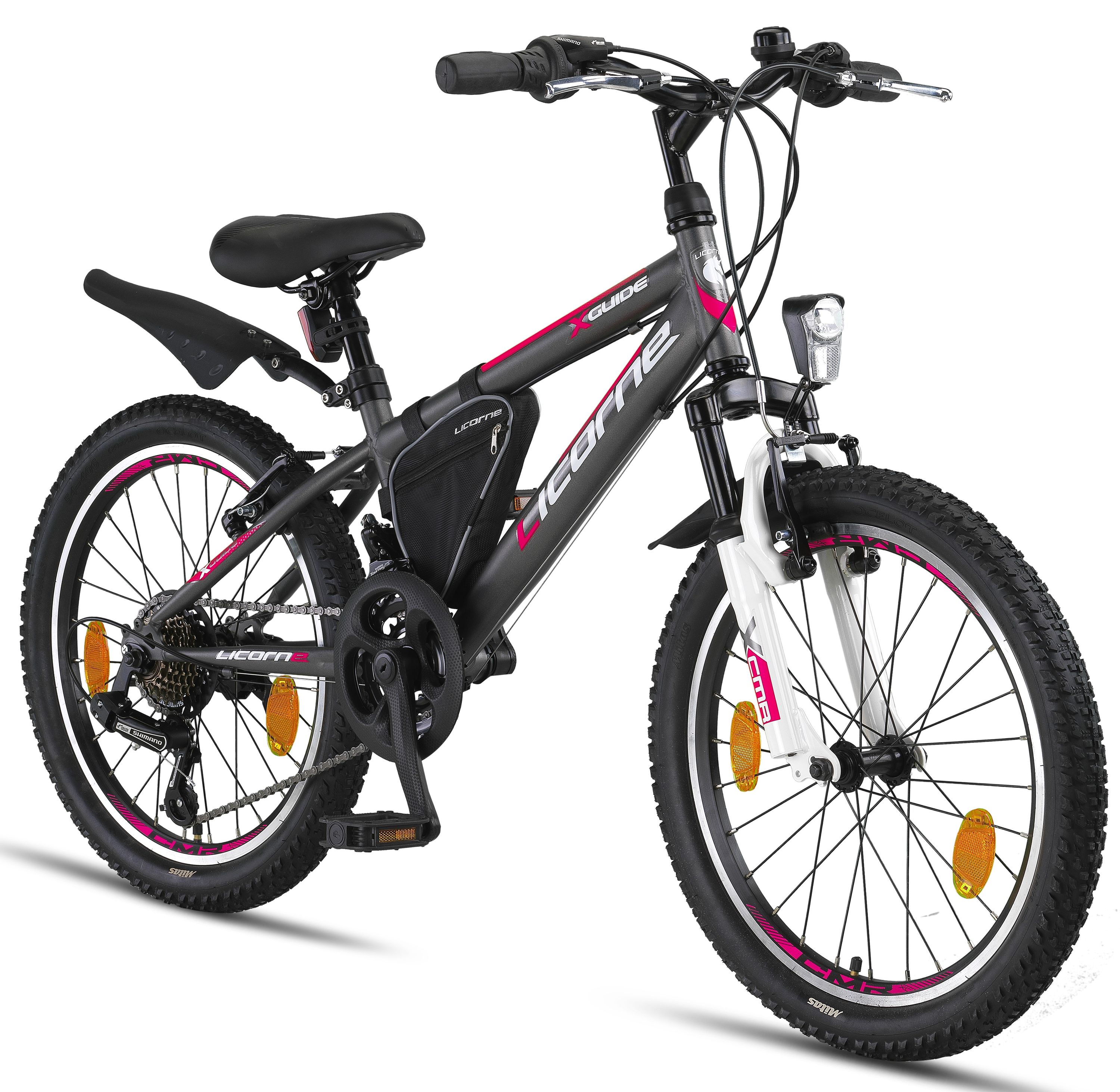 Licorne Bike Guide Premium Mountainbike in 20, 24 und 26 Zoll - Fahrrad f&uuml;r M&auml;dchen, Jungen, Herren und Damen - Shimano 21 Gang-Schaltung, Kinderfahrrad, Kinder Zoll:20;Farbe:Anthrazit/Rosa - Bild 1