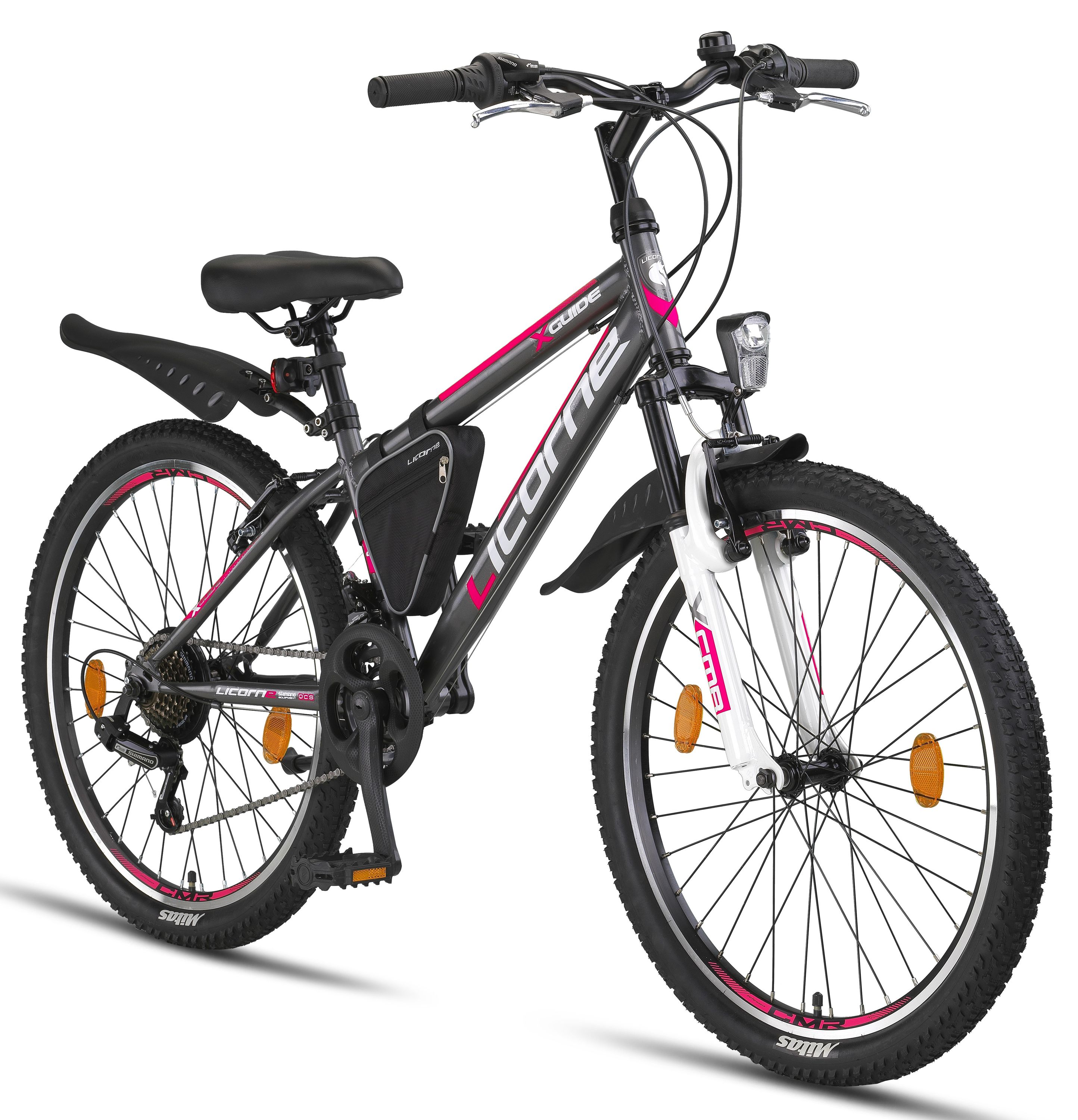 Licorne Bike Guide Premium Mountainbike in 20, 24 und 26 Zoll - Fahrrad f&uuml;r M&auml;dchen, Jungen, Herren und Damen - Shimano 21 Gang-Schaltung, Kinderfahrrad, Kinder Zoll:24;Farbe:Anthrazit/Rosa - Bild 1