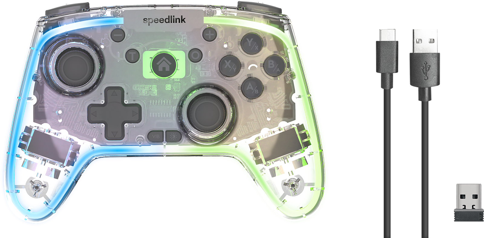 SPEEDLINK RAIT NX RGB Gamepad – Wireless/Wired – for PC/Android/Switch OLED/Lite, clear transparent | 04027301319002