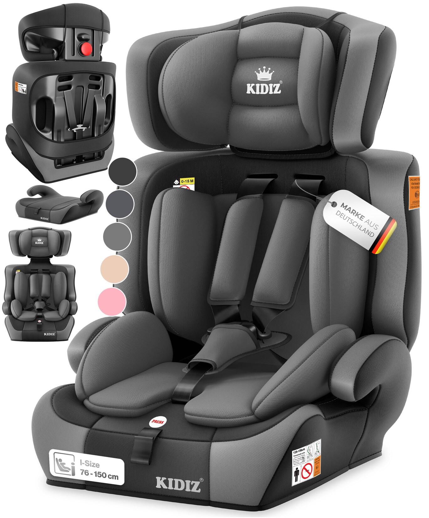 KIDIZ® Autokindersitz Kinderautositz Gruppe 1+2+3 9-36 kg 5-Punkt-Sicherheitsgurt, Autositz, Kindersitz, Einstellbare Kopfstütze