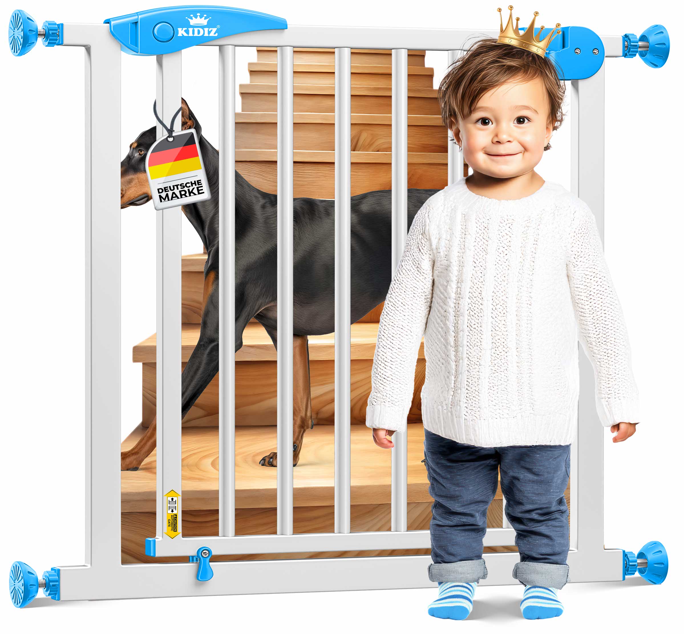 KIDIZ&reg; Schutzgitter f&uuml;r Treppen | T&uuml;r, Auto Close Kindertreppengitter ohne Bohren | 90&deg; Stop, Absperr T&uuml;rschutzgitter, schwenkbare Trennwand, Treppenschutzgitter, Klemmen - Bild 1