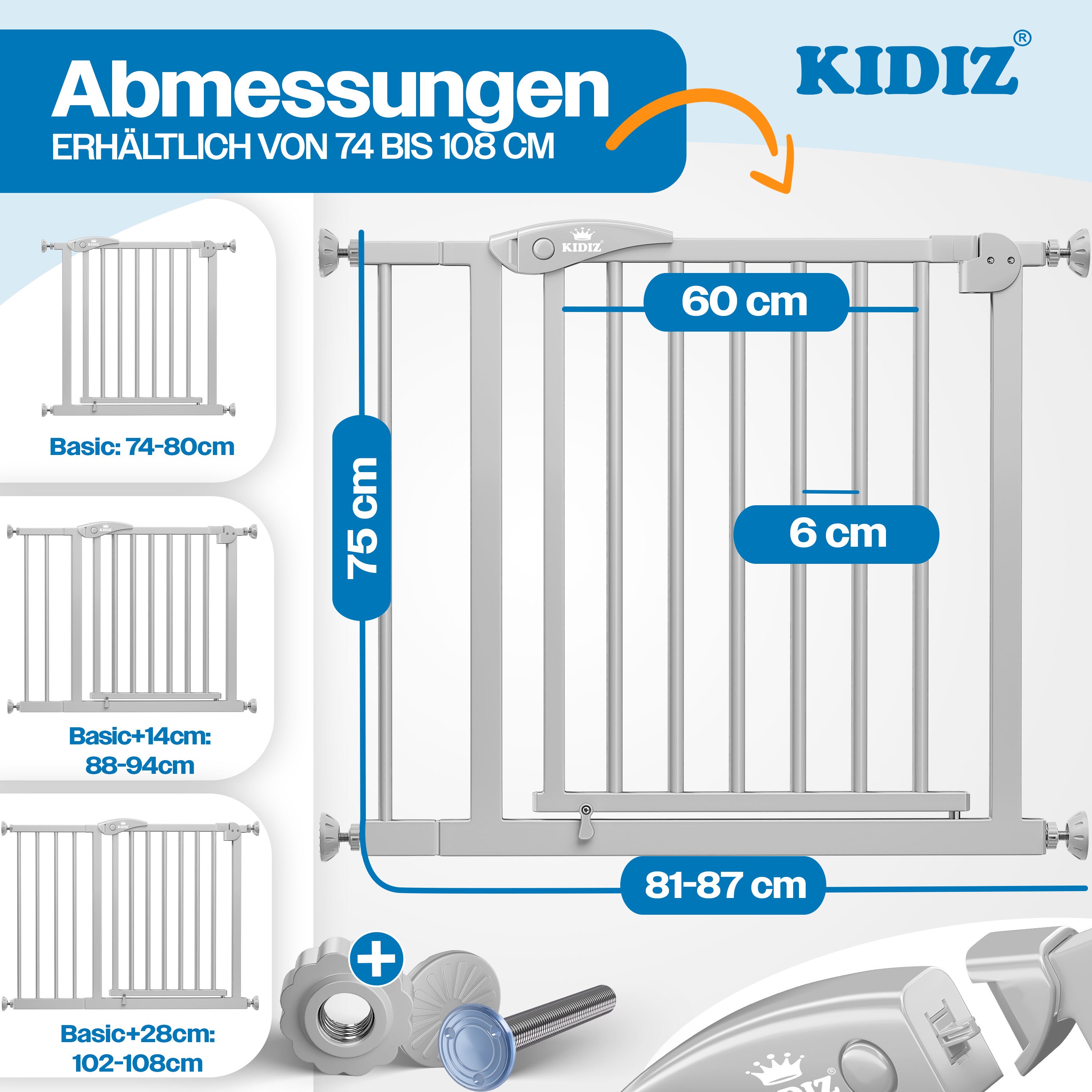 KIDIZ&reg; Schutzgitter f&uuml;r Treppen | T&uuml;r, Auto Close Kindertreppengitter ohne Bohren | 90&deg; Stop, Absperr T&uuml;rschutzgitter, schwenkbare Trennwand, Treppenschutzgitter, Klemmen - Bild 1