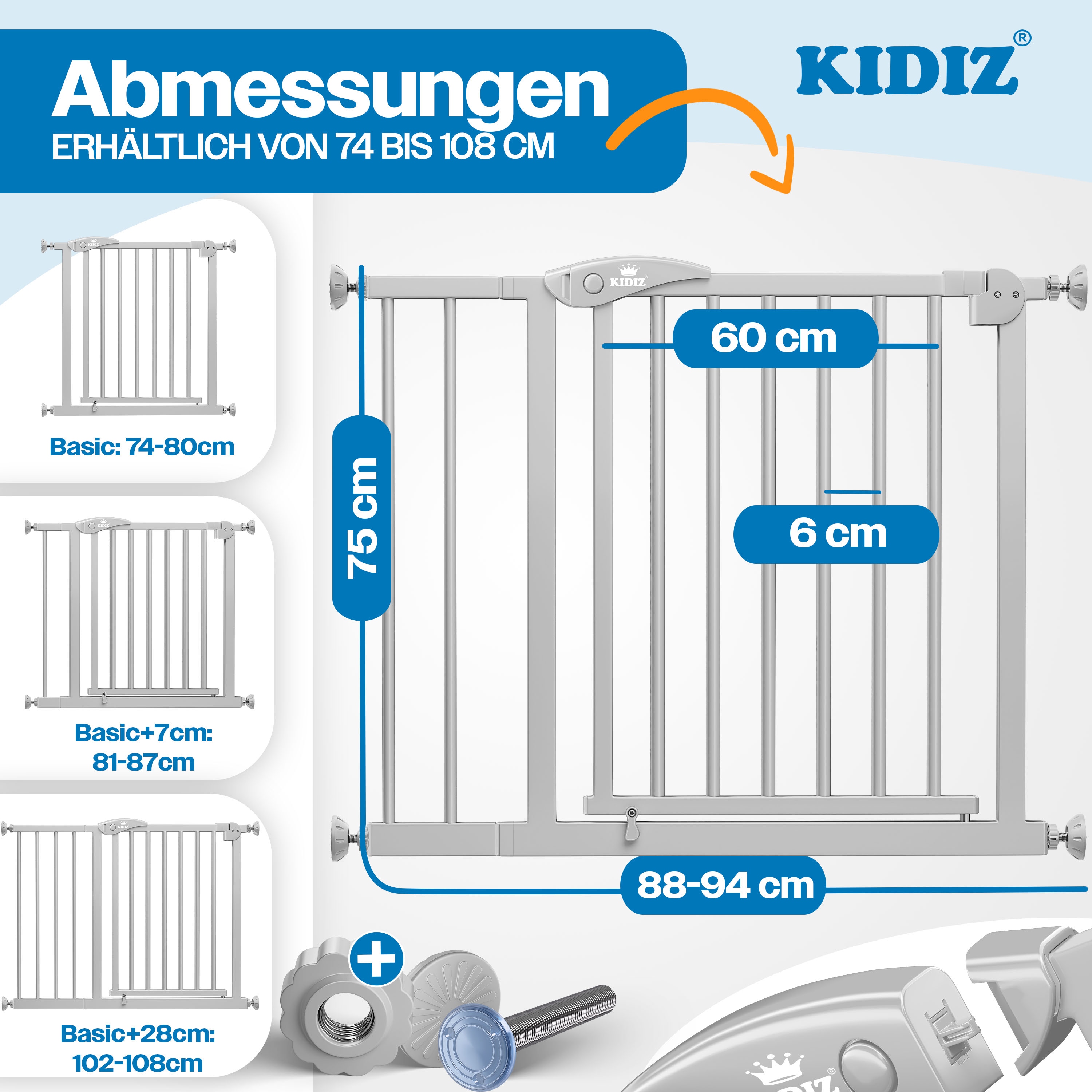 KIDIZ&reg; Schutzgitter f&uuml;r Treppen | T&uuml;r, Auto Close Kindertreppengitter ohne Bohren | 90&deg; Stop, Absperr T&uuml;rschutzgitter, schwenkbare Trennwand, Treppenschutzgitter, Klemmen - Bild 1