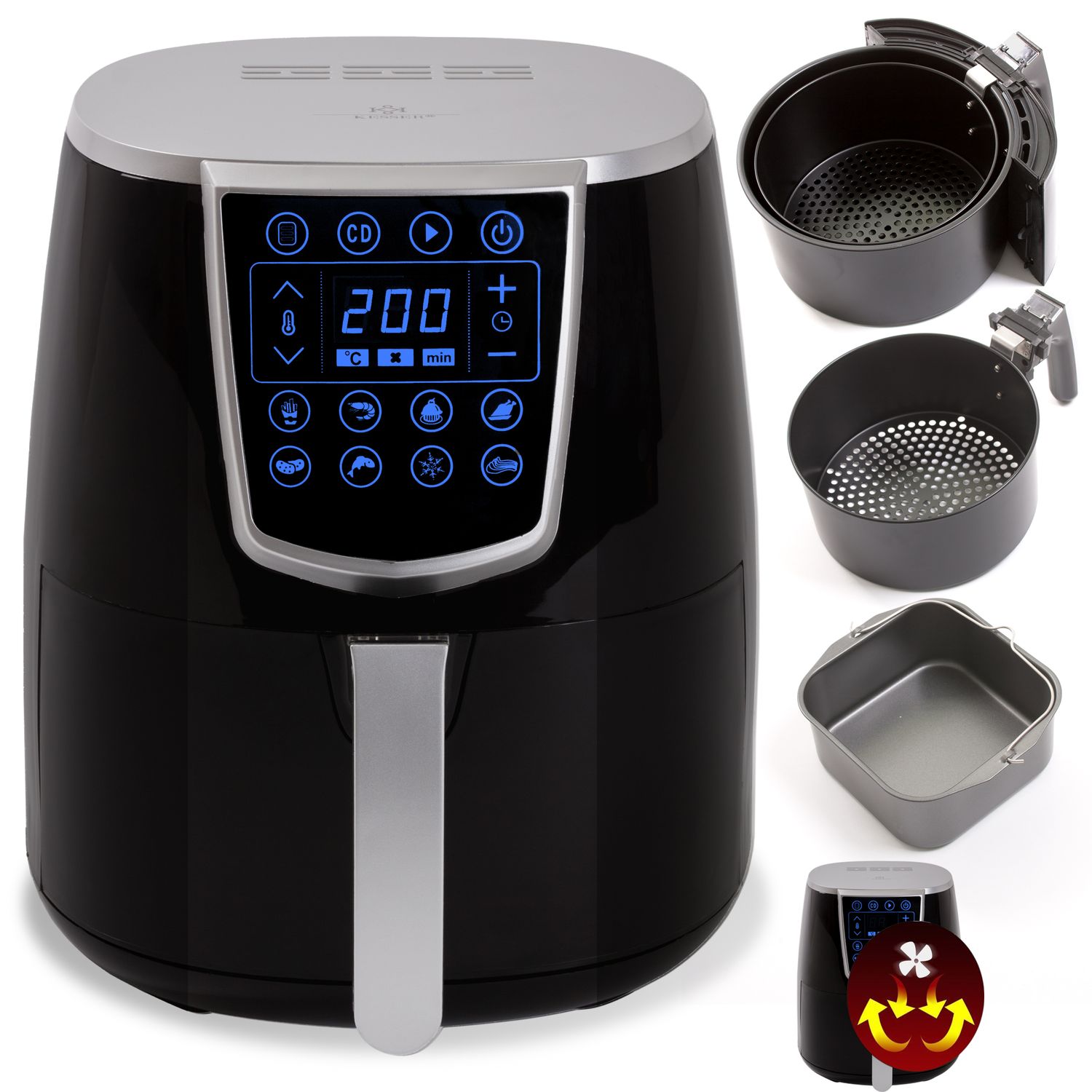 Kesser&reg; XL Hei&szlig;luftfritteuse | inkl. Brotbackkorb | Friteuse Fritteuse 1350W | Airfryer Touch Display | 8 Programmen | ohne &Ouml;L | Rezeptheft | ? Backofen ? Hei&szlig;luft ? Grill Fettfrei | Schwarz - Bild 1