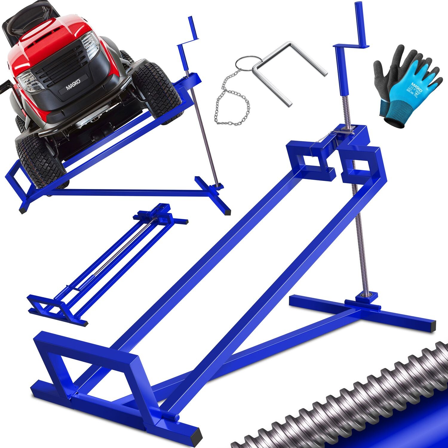 MASKO®  Rasentraktor Heber 400kg Aufsitzmäher Hebevorrichtung Rasentraktorheber Reinig.Hilfe Hebebühne inkl. Arbeitshandschuhen & Bürste | 04260486785105