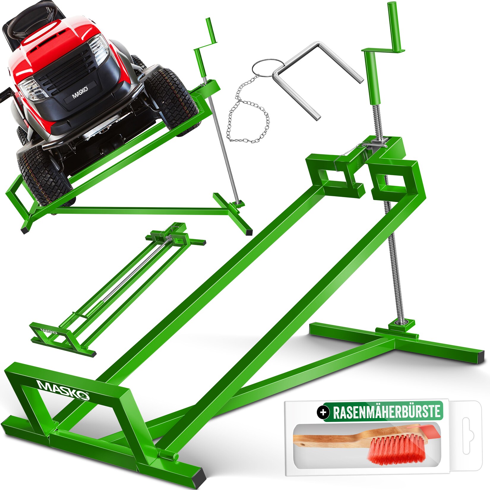 MASKO® XXL Rasentraktorheber 450 kg Hebevorrichtung Hebebühne Aufsitzmäher – Rasentraktor Heber, 45° verstellbar, universal Reinigungshilfe mit Zubehör & Adapter (je nach Wahl)