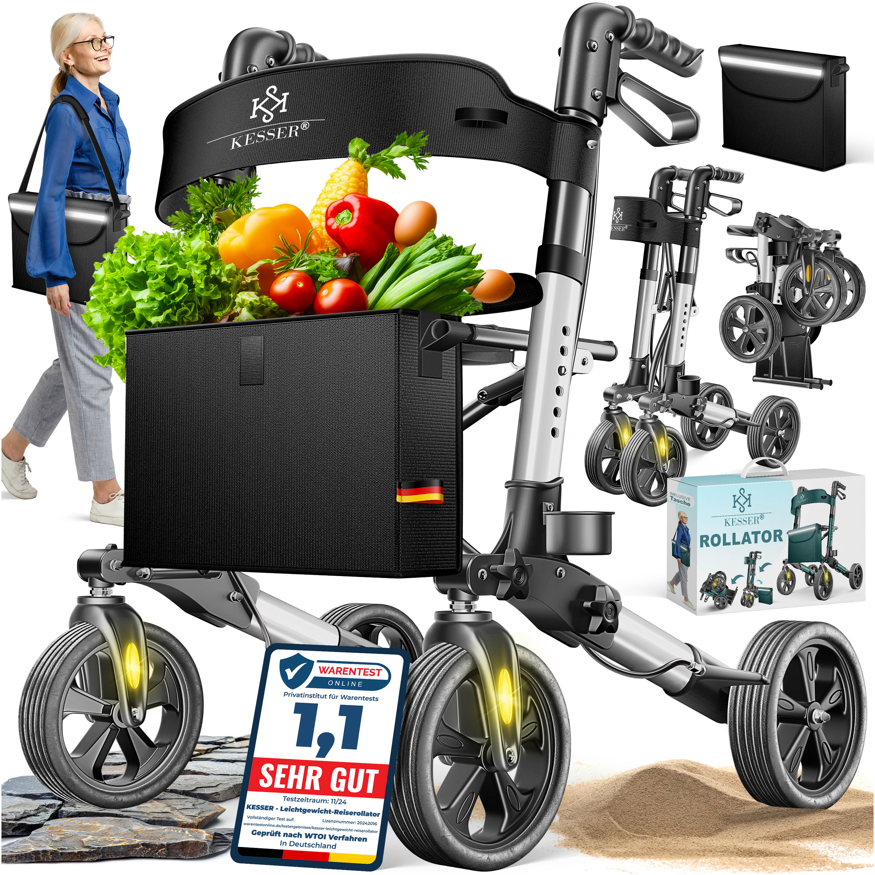 KESSER&reg; Leichtgewicht Rollator faltbar mit Sitz, Griff, Tasche, schmal f&uuml;r Senioren Wohnung, Klappbar, H&ouml;henverstellbar, Reflektoren | All Gel&auml;nde Reifen Indoor-& Outdoor, Gehhilfe, Laufhilfe - Bild 1
