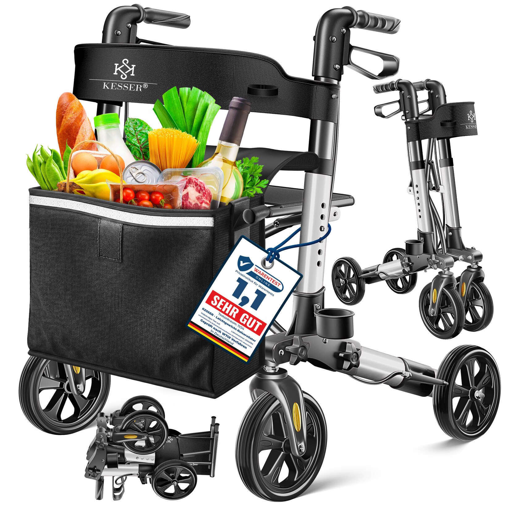 KESSER® Leichtgewicht Rollator faltbar mit Sitz, Griff, Tasche, schmal für Senioren Wohnung, Klappbar, Höhenverstellbar, Reflektoren All Gelände Reifen Indoor-& Outdoor, Gehhilfe, Laufhilfe