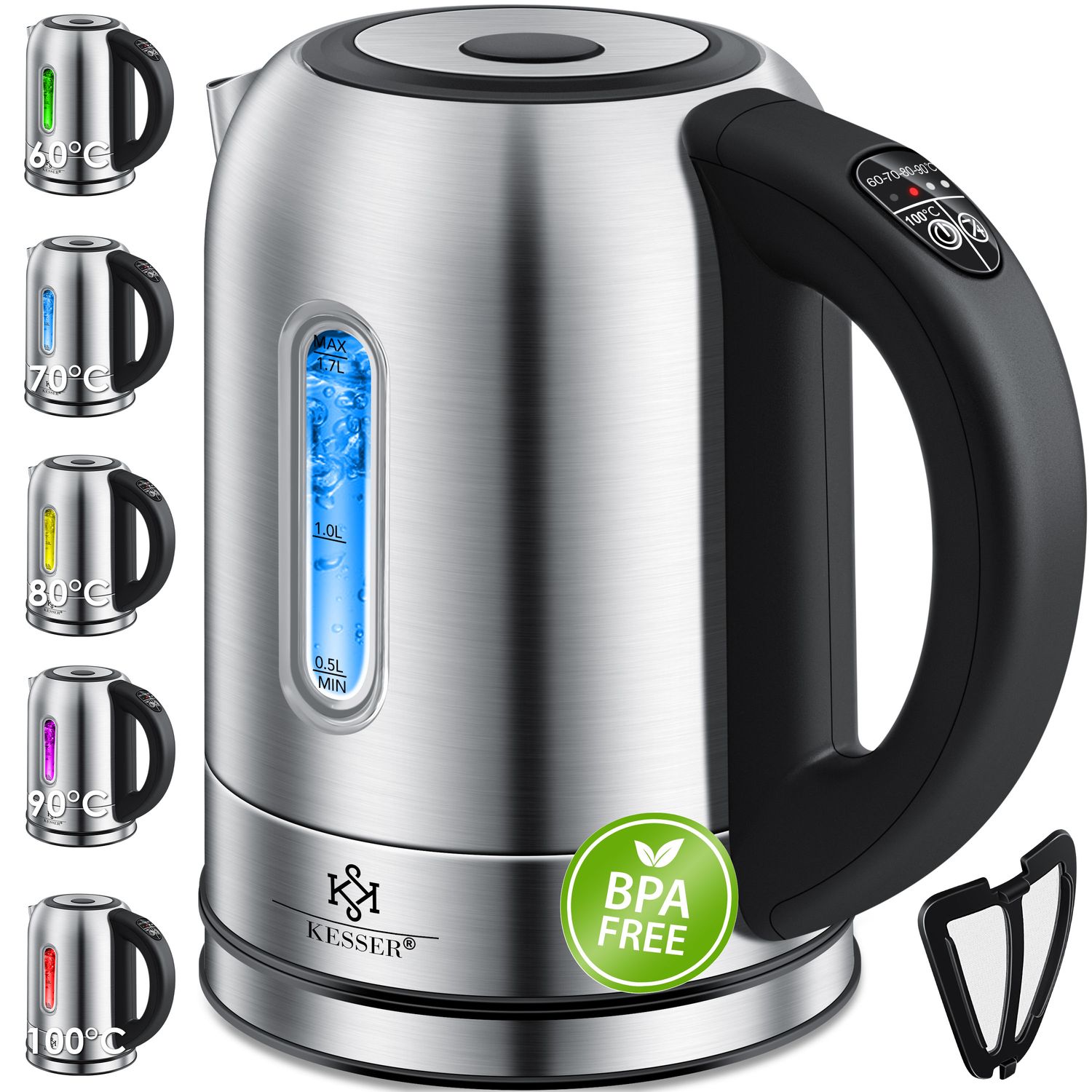 KESSER&reg; 1,7 Liter Edelstahl Wasserkocher 2200W Temperaturwahl Warmhaltefunktion - Bild 1