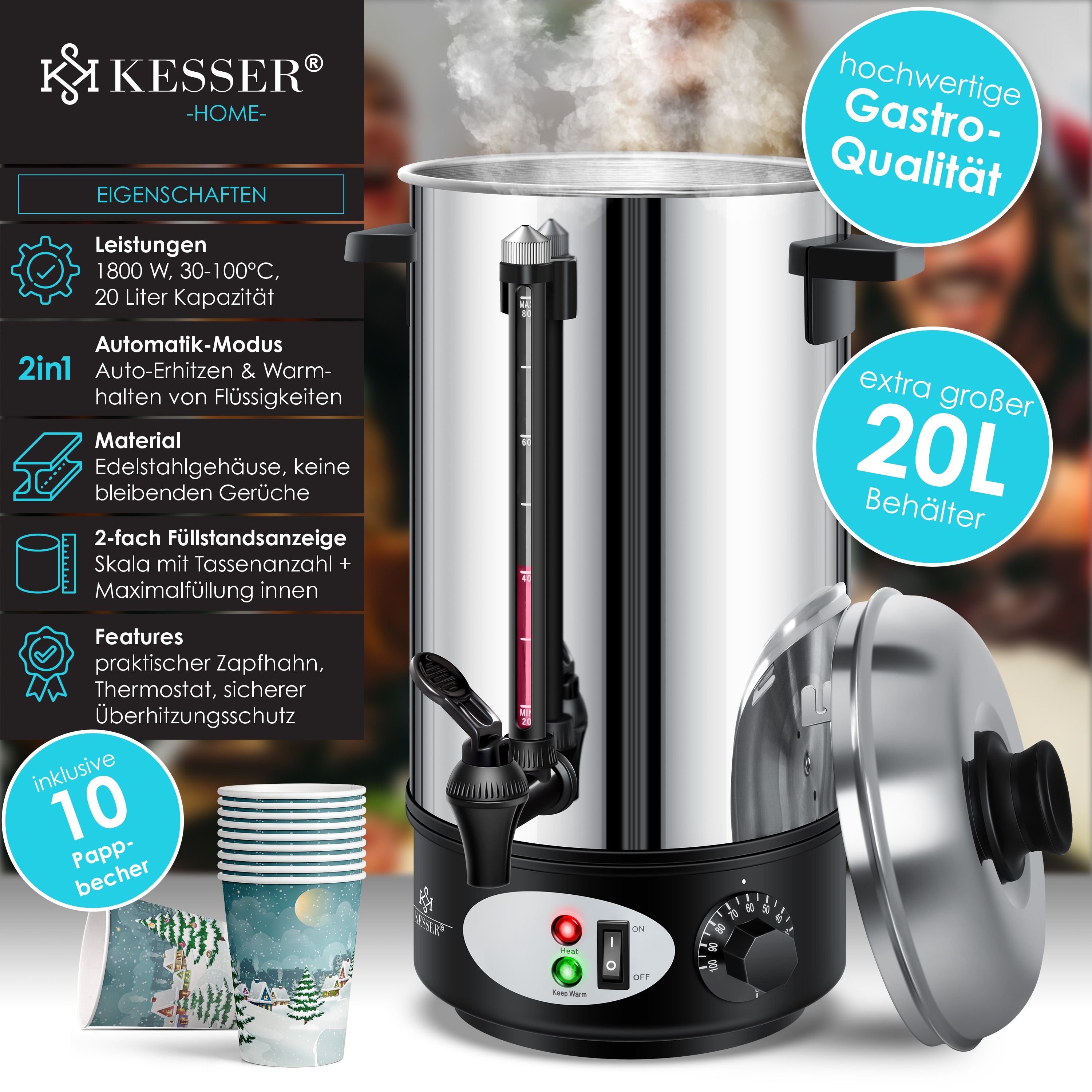 KESSER® Glühweinkessel Edelstahl Glühweinkocher Glühweinautomat Heißgetränkeautomat Wasserkocher Heißwasserspender Kocher Einkochautomat online kaufen bei Netto