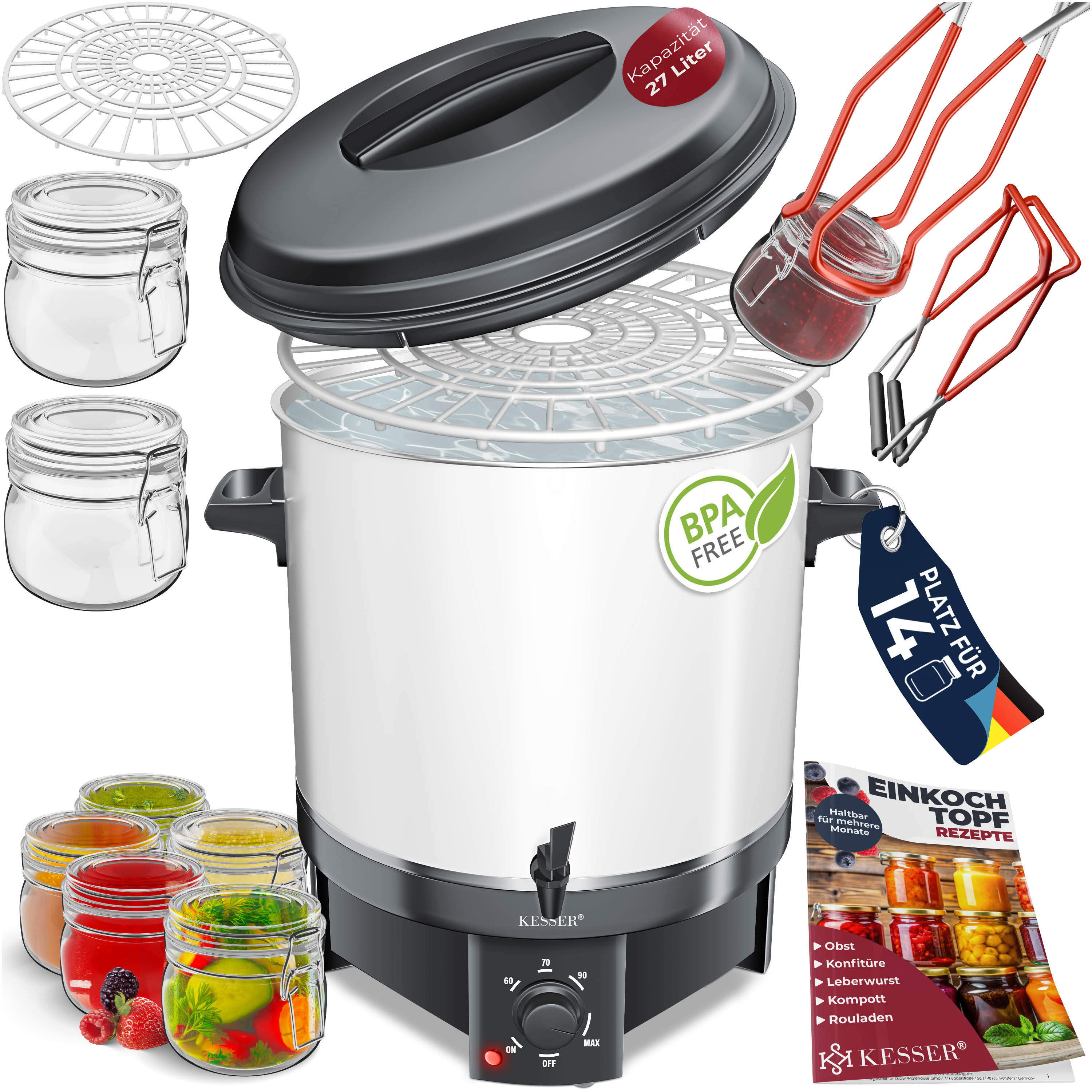 KESSER Einkochautomat 27 Liter, Edelstahl| 1800 Watt | Temperatur von 30-100&deg;C | Dauerbetrieb | Abschaltautomatik Einkochvollautomat Hei&szlig;getr&auml;nkeautomat Gl&uuml;hweintopf mit Zange & 2 Gl&auml;sern - Bild 1