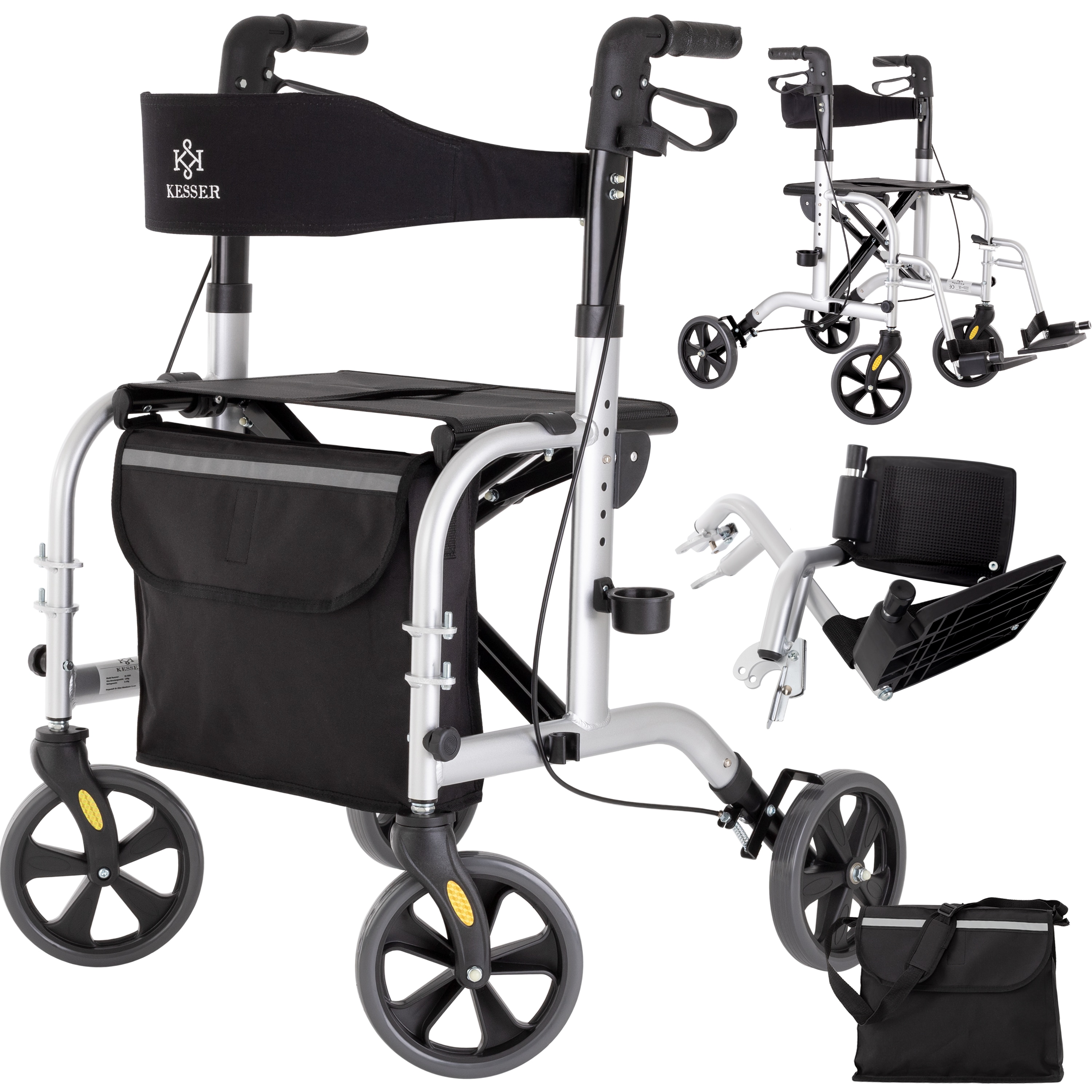 KESSER Rollator  2in1 Aluminium Set, Leichtgewicht-Reiserollator mit Vollausstattung, faltbar f&uuml;r Kofferraum klappbar Reise und Flug, H&ouml;he verstellbar, Gurt, Stockhalter Gehwagen Laufhilfe Gehhilfe - Bild 1