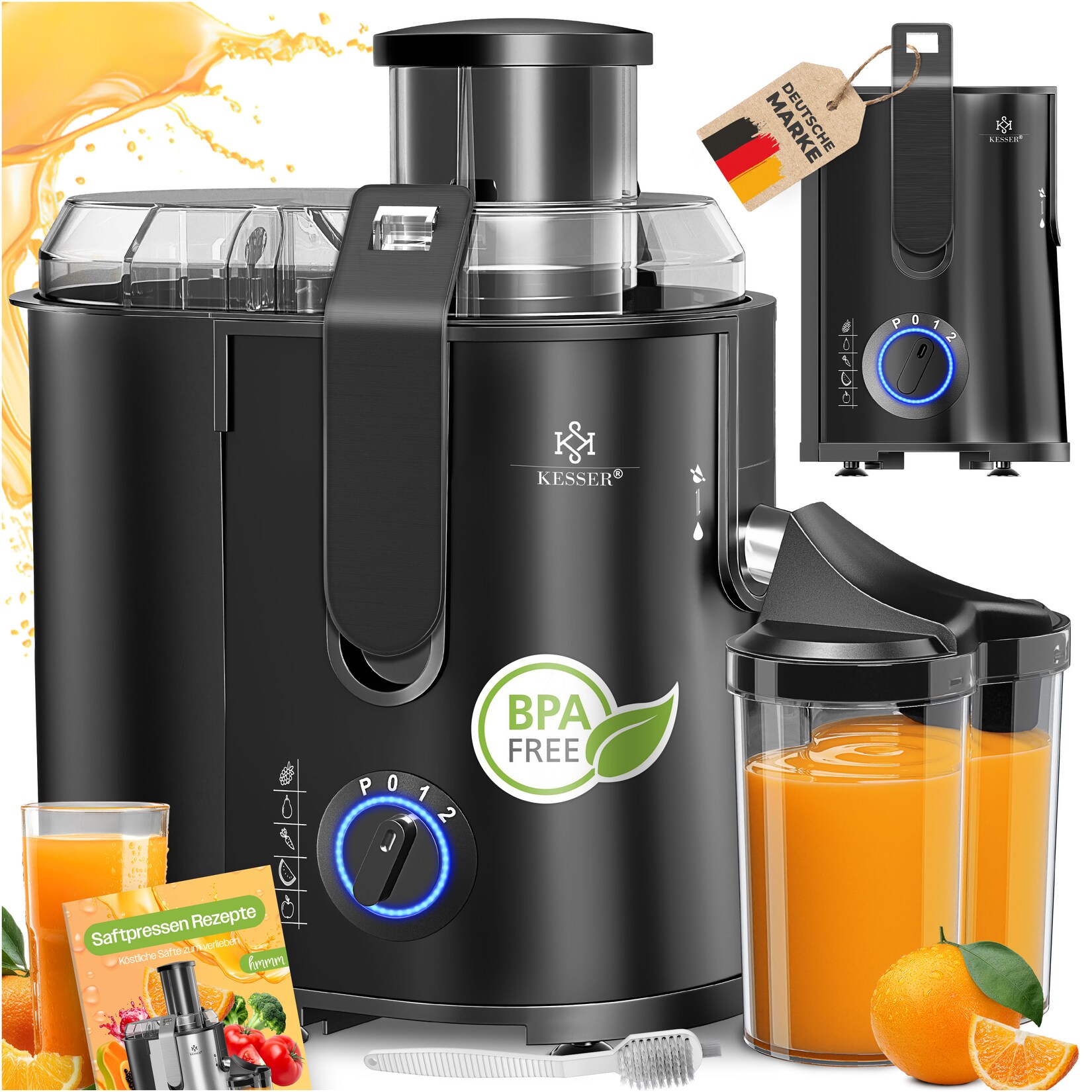 KESSER® Entsafter für Obst und Gemüse aus Edelstahl 1100W große 85 mm Einfüllöffnung inkl. Reinigungsbürste und Saftbehälter 3 Geschwindigkeitsstufen, Saftpresse Juicer