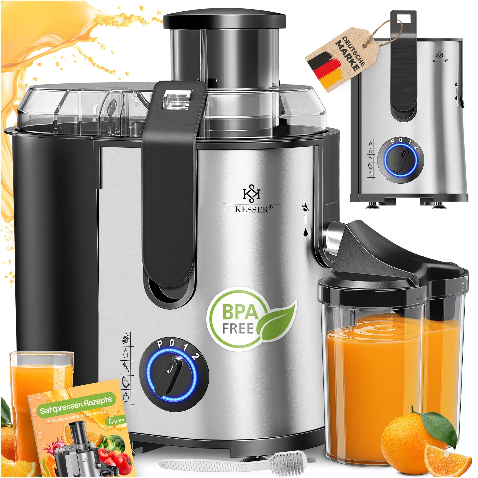 KESSER® Entsafter für Obst und Gemüse aus Edelstahl 1100W große 85 mm Einfüllöffnung inkl. Reinigungsbürste und Saftbehälter 3 Geschwindigkeitsstufen, Saftpresse Juicer | 04260598873448
