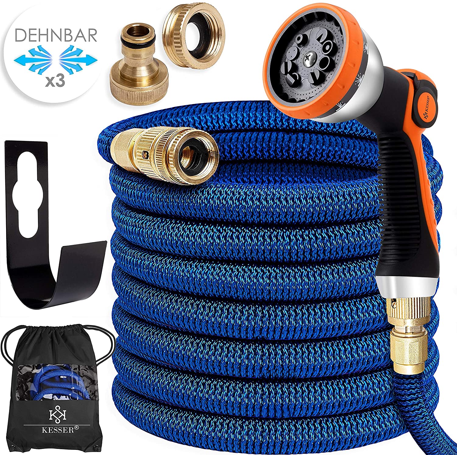 KESSER&reg; Premium Flexibler Gartenschlauch |  ausgedehnt |+ Wandhalterung | Wasserschlauch flexibel mit 3-Fach Latexkern | dehnbarer flexiSchlauch | Verschraubungen aus hochwertigem Messing - Bild 1