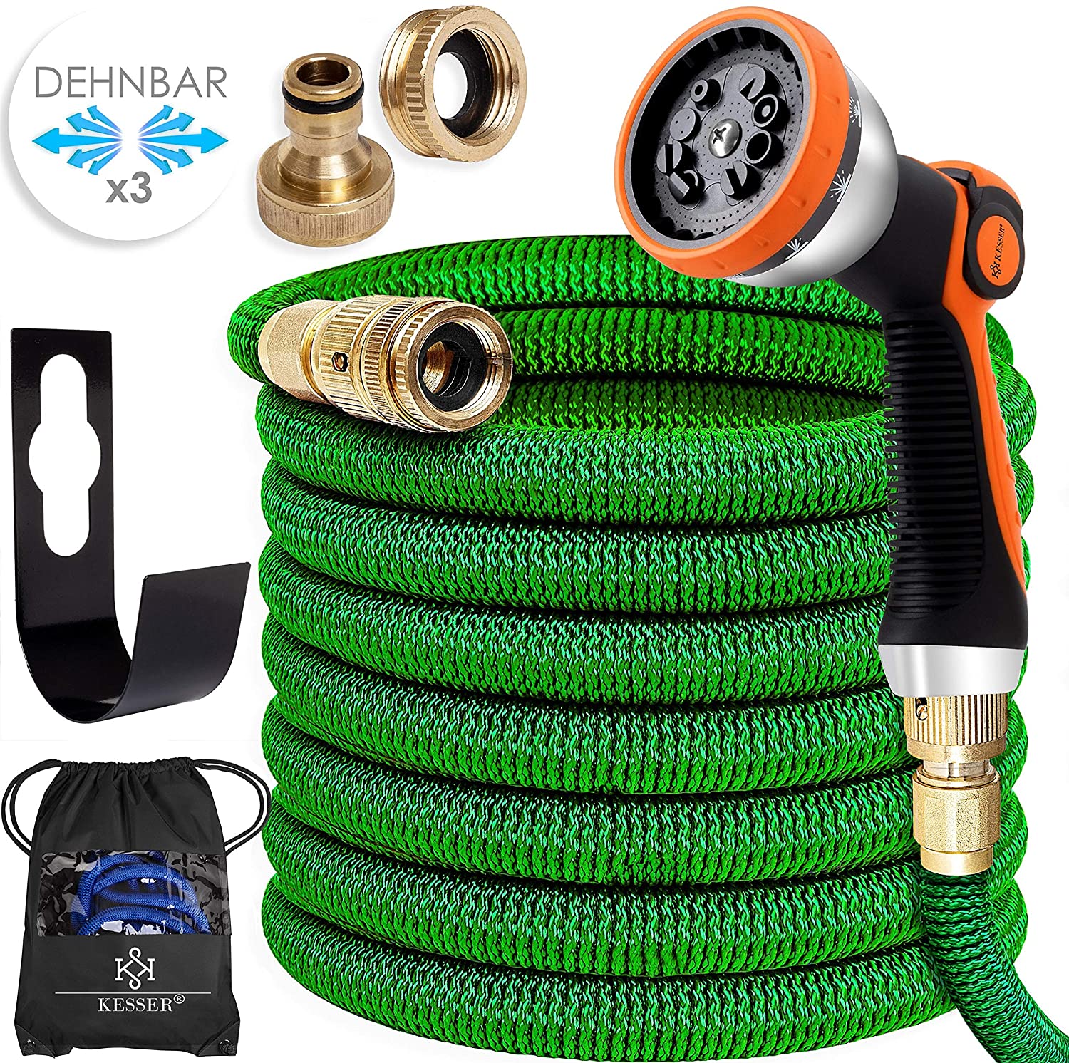 KESSER&reg; Premium Flexibler Gartenschlauch |  ausgedehnt |+ Wandhalterung | Wasserschlauch flexibel mit 3-Fach Latexkern | dehnbarer flexiSchlauch | Verschraubungen aus hochwertigem Messing - Bild 1